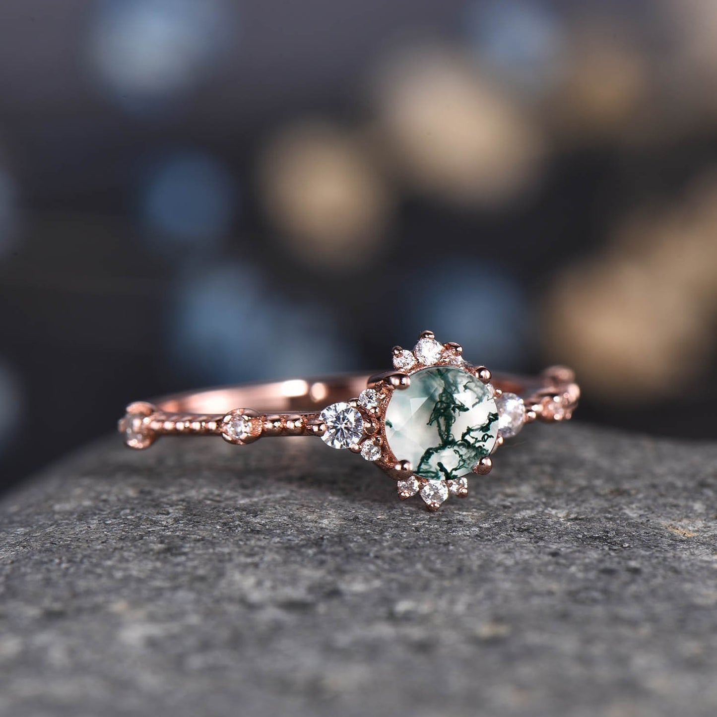 Danity Moss Agate Engagement Ring Set Rose Gold CZ Diamond Matching Band For Women Floral Stacking Promise Wedding Jewelry Anniversary Gift