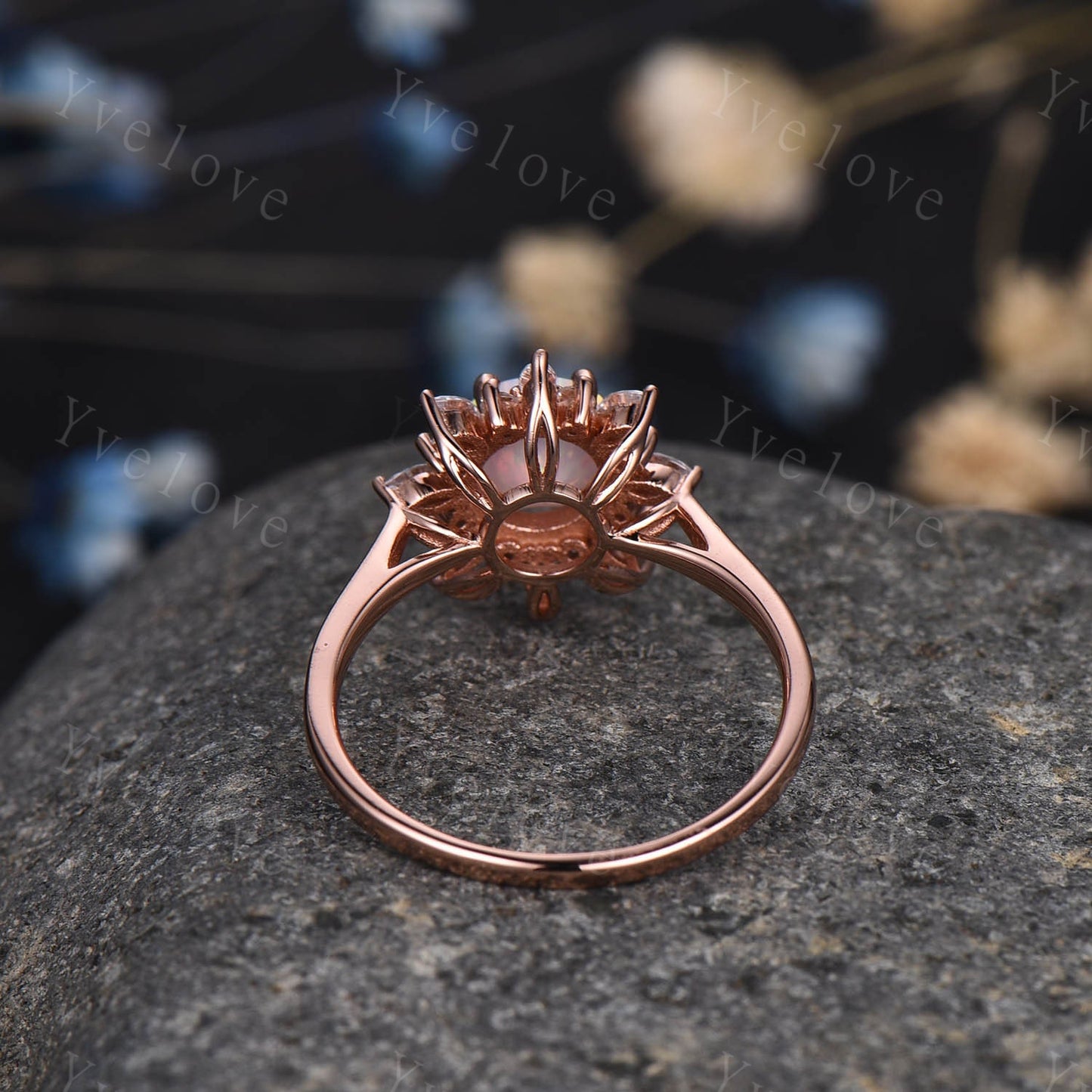 Unique Round cut Blue Sandstone Engagement Ring Women Antique Flower Diamond Halo Plain Gold Band Promise Bridal Anniversary Jewelry For Her