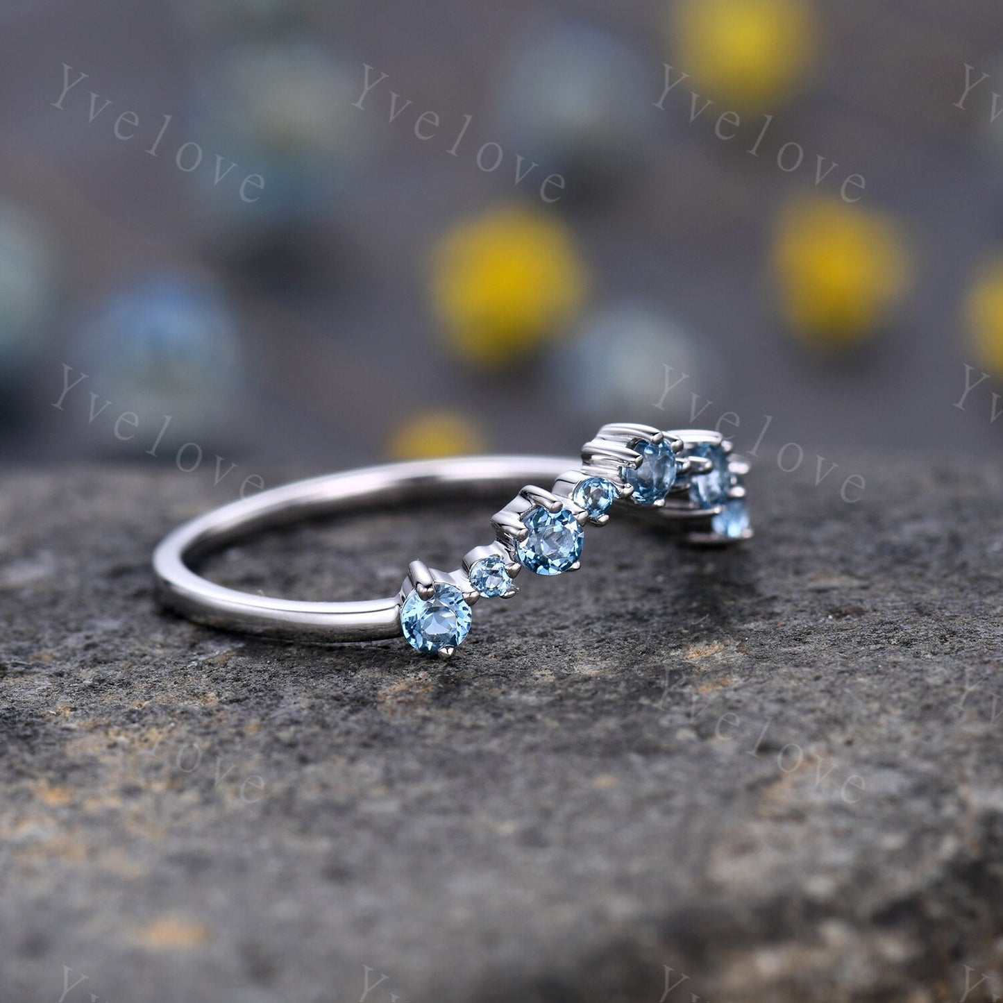 V Shape Blue Topaz Wedding Band,London Blue Topaz Ring,December Birthstone Ring,Curved stacking matching band,Half Eternity,14k White gold