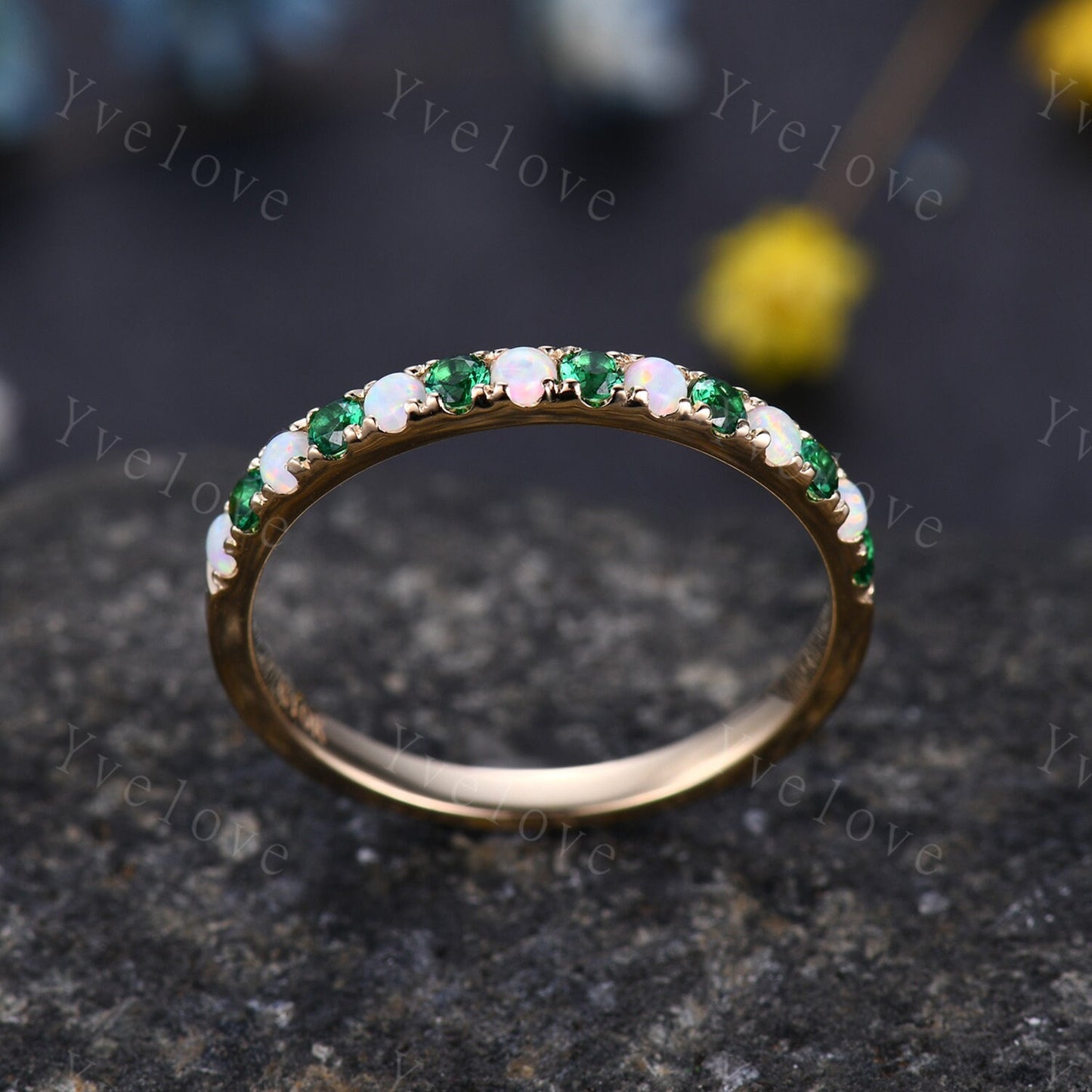 Emerald opal wedding band half eternity art deco emerald opal ring 14k rose gold gemstone promise bridal matching band May birthstone custom