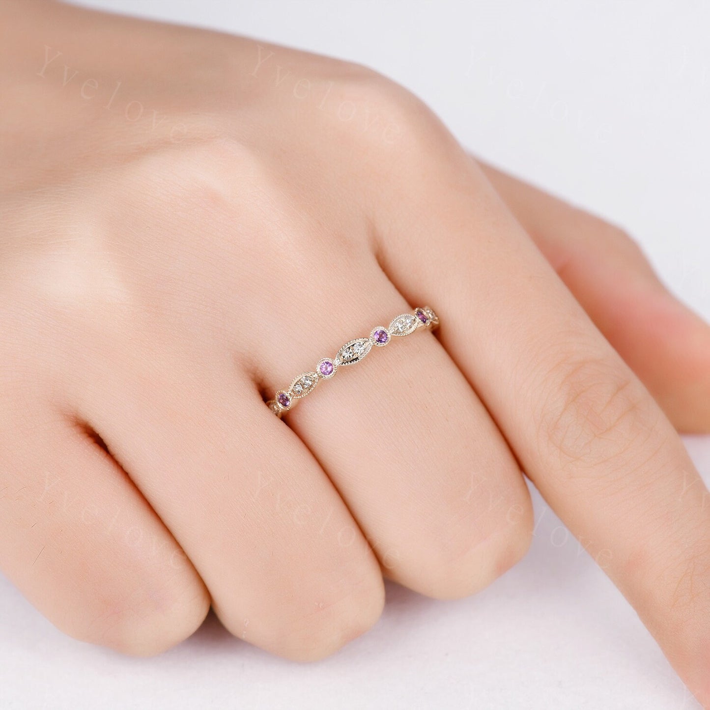 Amethyst diamond ring 14k rose gold 3/4 eternity promise ring natural birthstone matching band pave set Milgrain Marquise Style Gift for her