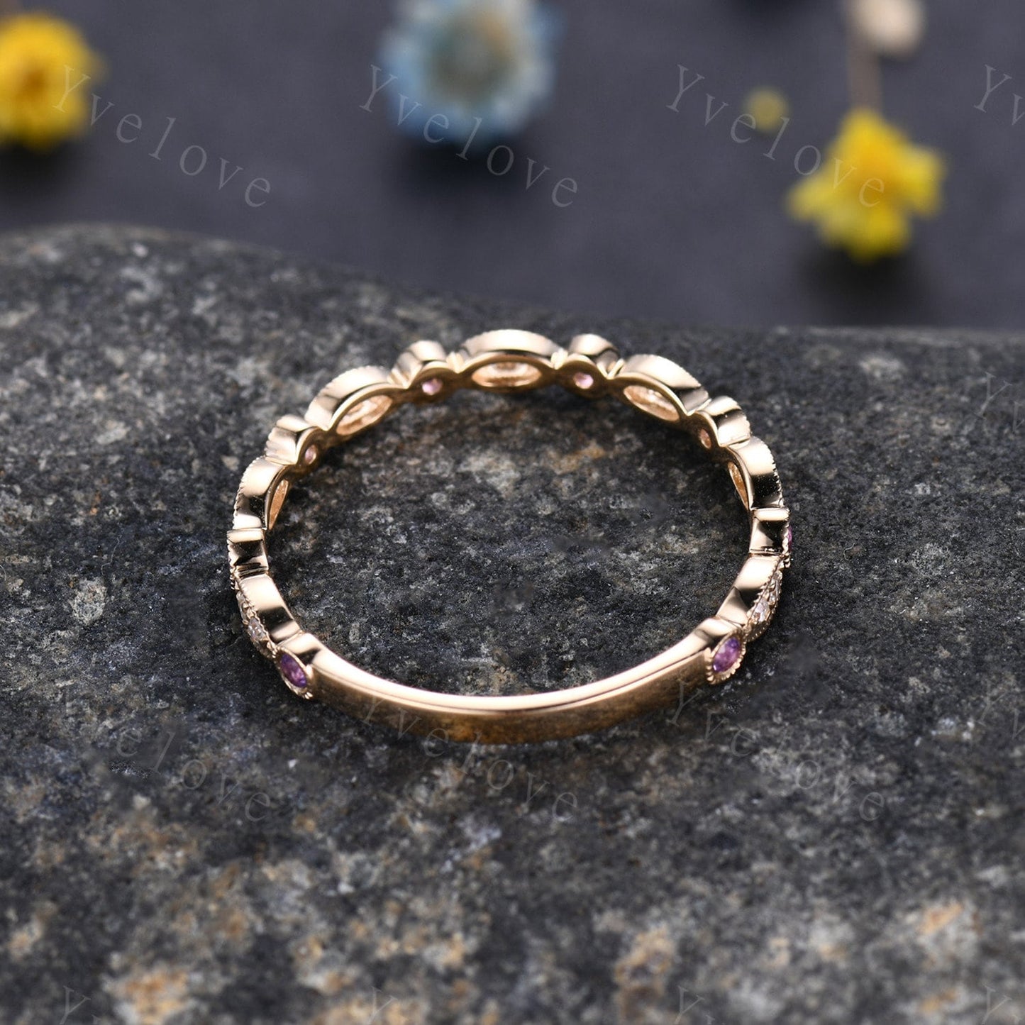 Amethyst diamond ring 14k rose gold 3/4 eternity promise ring natural birthstone matching band pave set Milgrain Marquise Style Gift for her