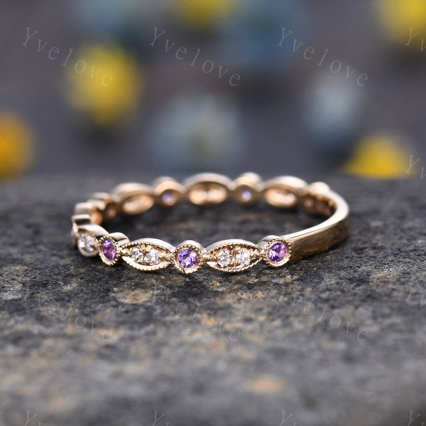 Amethyst diamond ring 14k rose gold 3/4 eternity promise ring natural birthstone matching band pave set Milgrain Marquise Style Gift for her