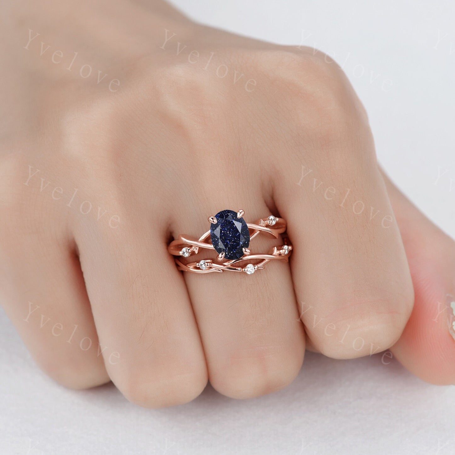 Twig Sandstone Engagement Ring Set,Oval Vintage Leaf Diamond Ring,Branch Ring Rose Gold,Twisted Ring Promise Bridal Set,Dainty Ring Set