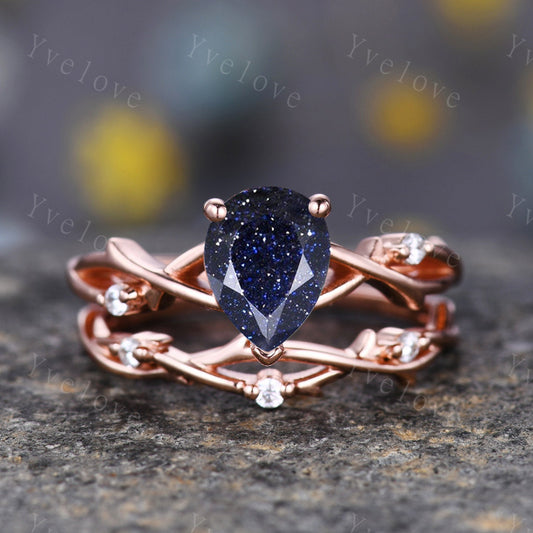 Blue Sandstone Engagement Ring Set,Galaxy Sandstone Ring,Sterling Silver Ring Set,Anniversary Gift,Outer Space Ring,Twisted Ring Bridal Set