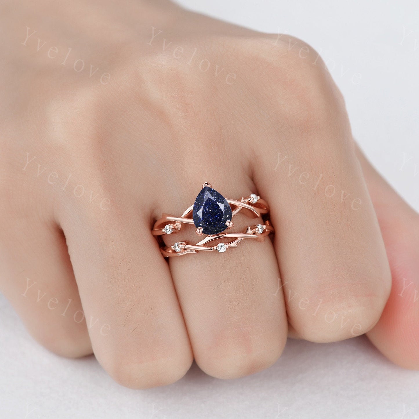 Unique Pear Blue Sandstone Engagement Ring Set,Galaxy Ring,Black Silver Ring,Outer Space Ring,Branch Twig Diamond Promise Ring Bridal Set