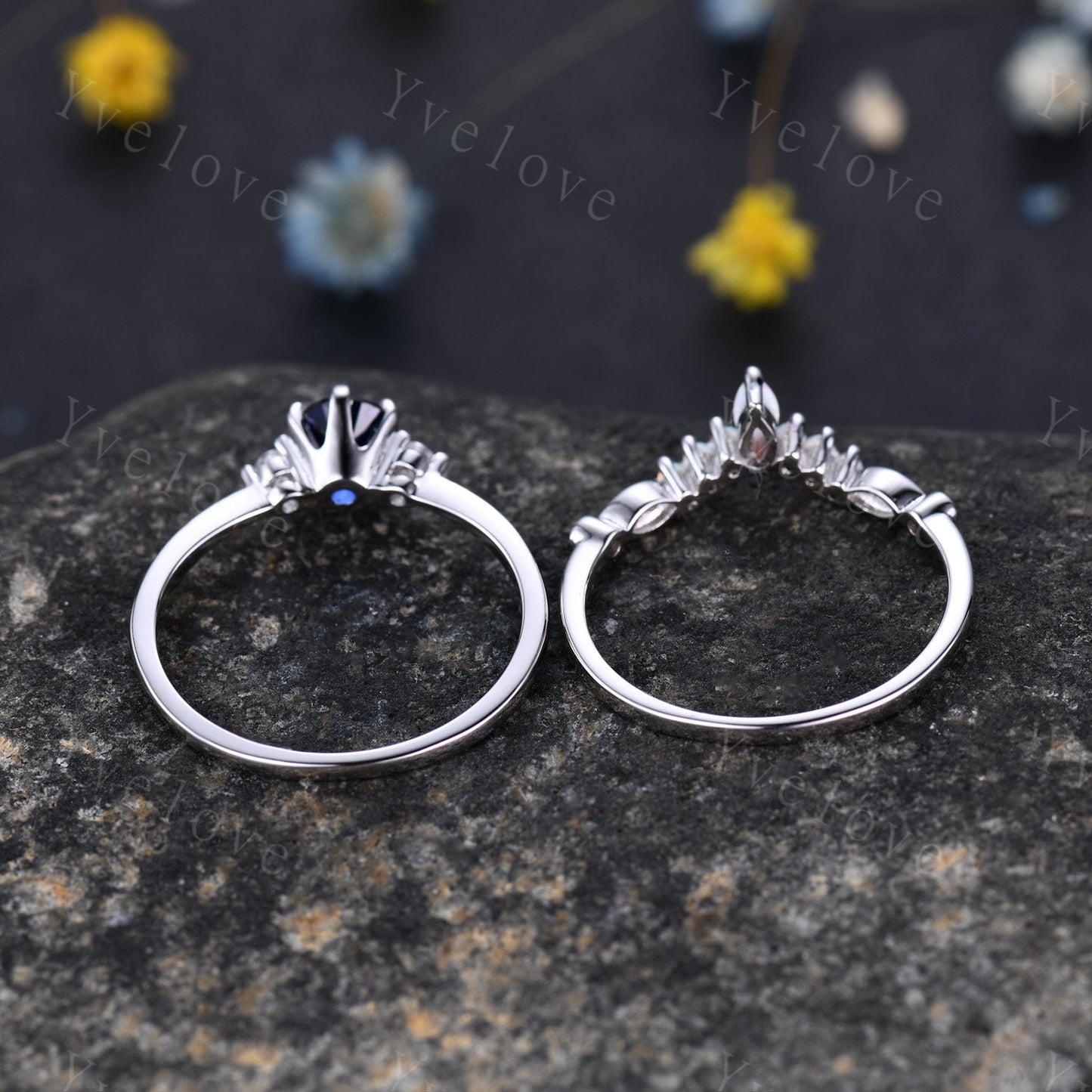 Blue sapphire ring set diamond engagement ring white gold eternity opal curved stacking matching band promise jewelry September birthstone