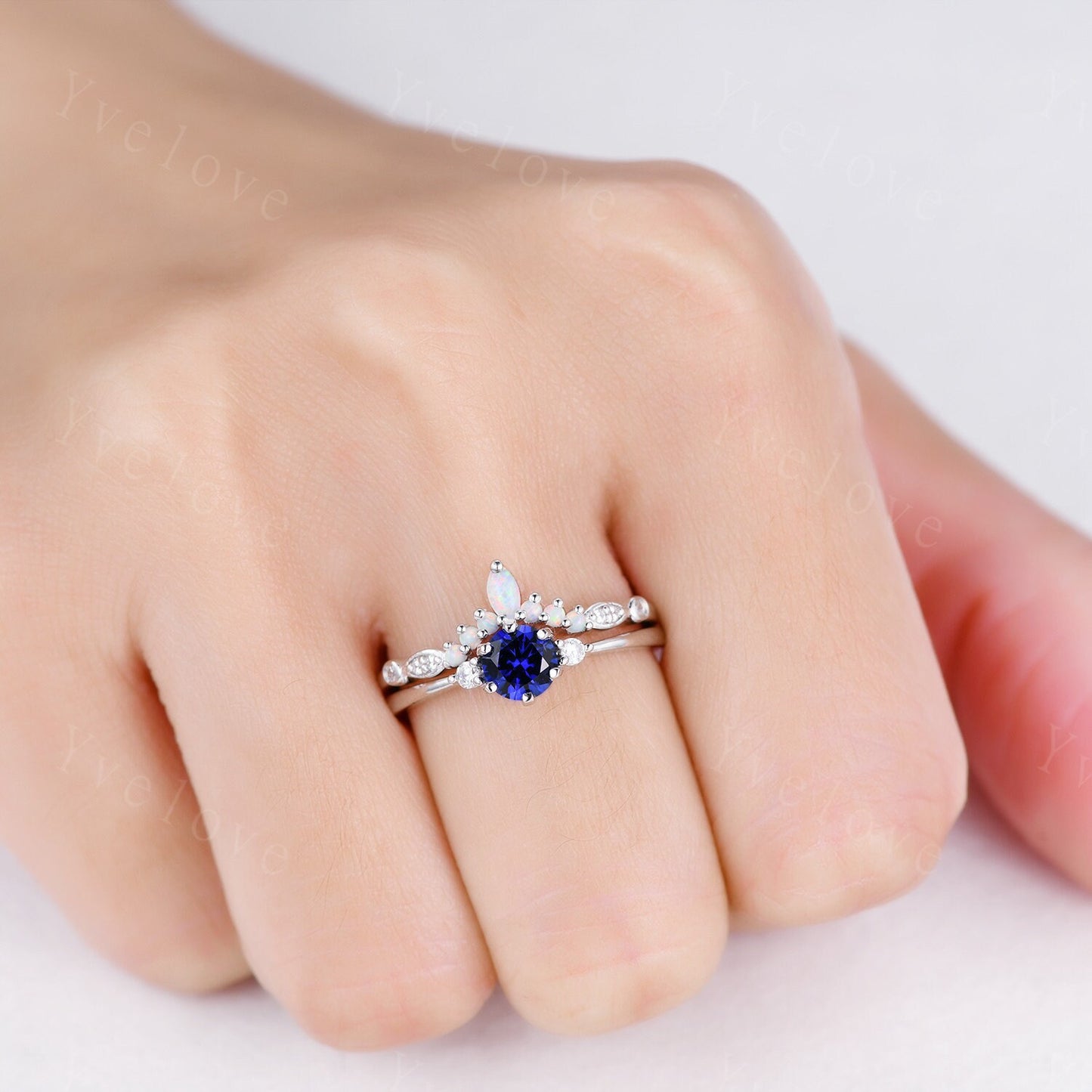 Blue sapphire ring set diamond engagement ring white gold eternity opal curved stacking matching band promise jewelry September birthstone