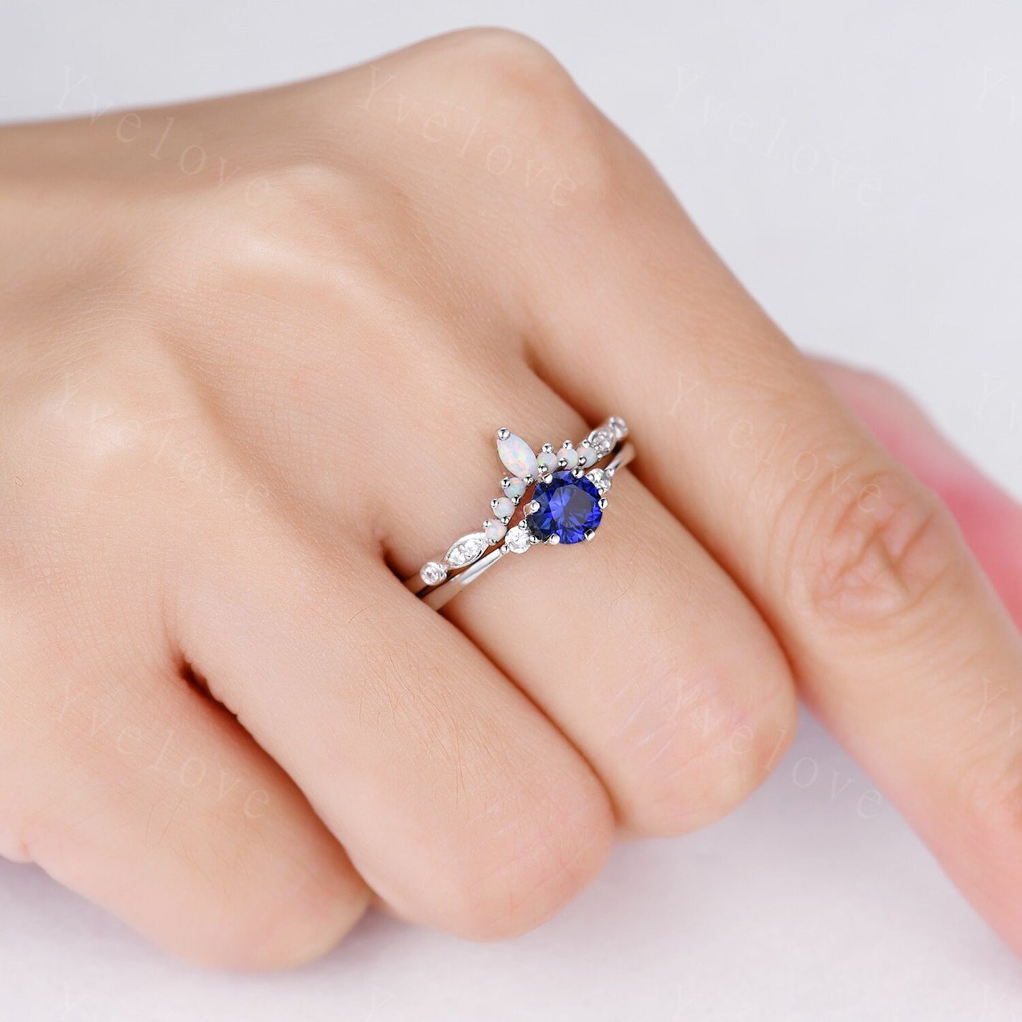 Blue sapphire ring set diamond engagement ring white gold eternity opal curved stacking matching band promise jewelry September birthstone