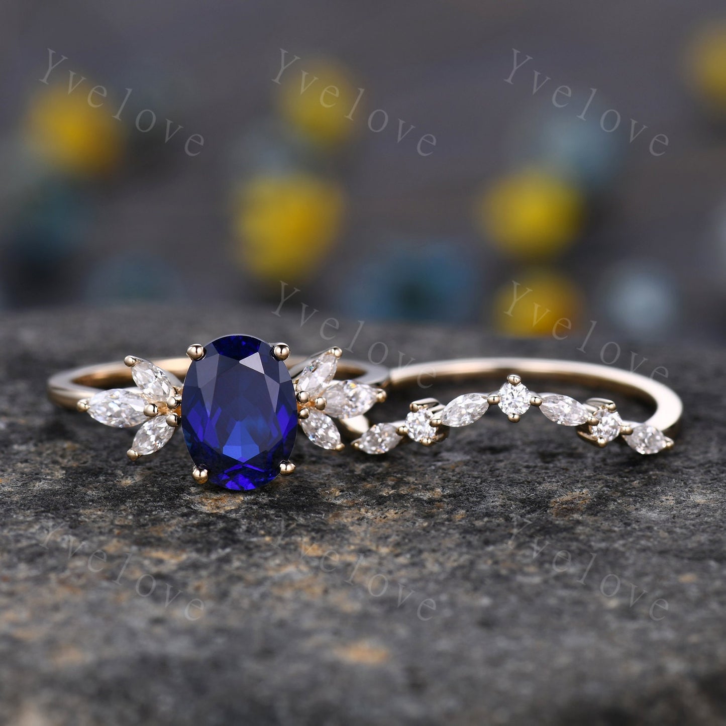 Blue Sapphire Ring Oval Sapphire Engagement Ring Yellow Gold Women Moissanite Sapphire Wedding Ring Set Art Deco Stacking Bridal Set 14k