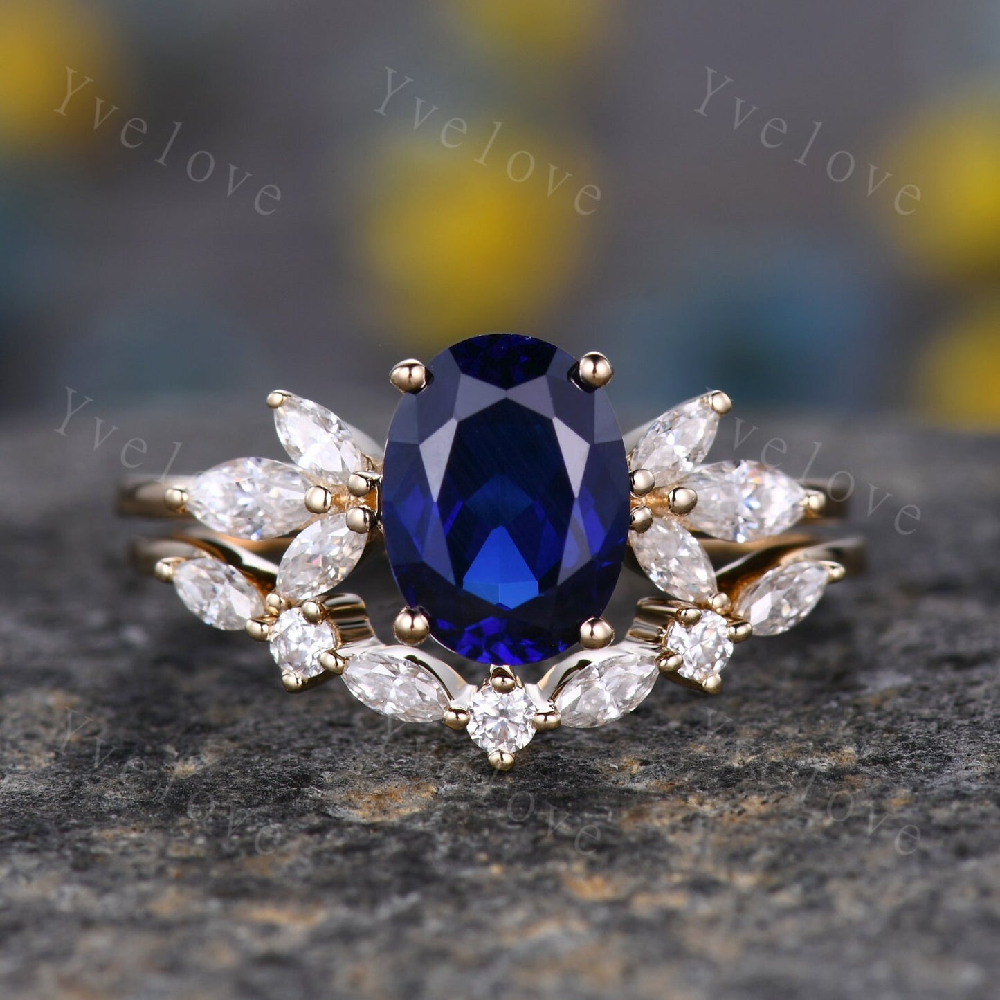 Blue Sapphire Ring Oval Sapphire Engagement Ring 14k White Gold Women Moissanite Sapphire Wedding Ring Set Art Deco Stacking Bridal Set 14k