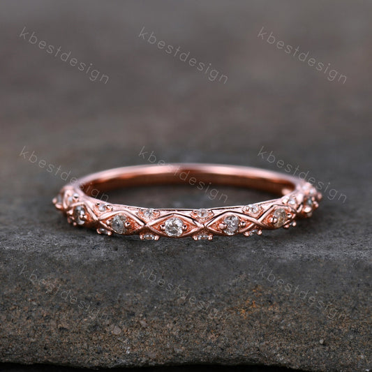Vintage Rose gold Natural Diamond wedding band Unique Salt and pepper diamond wedding band Half Eternity Stacking Matching band Gift for Her