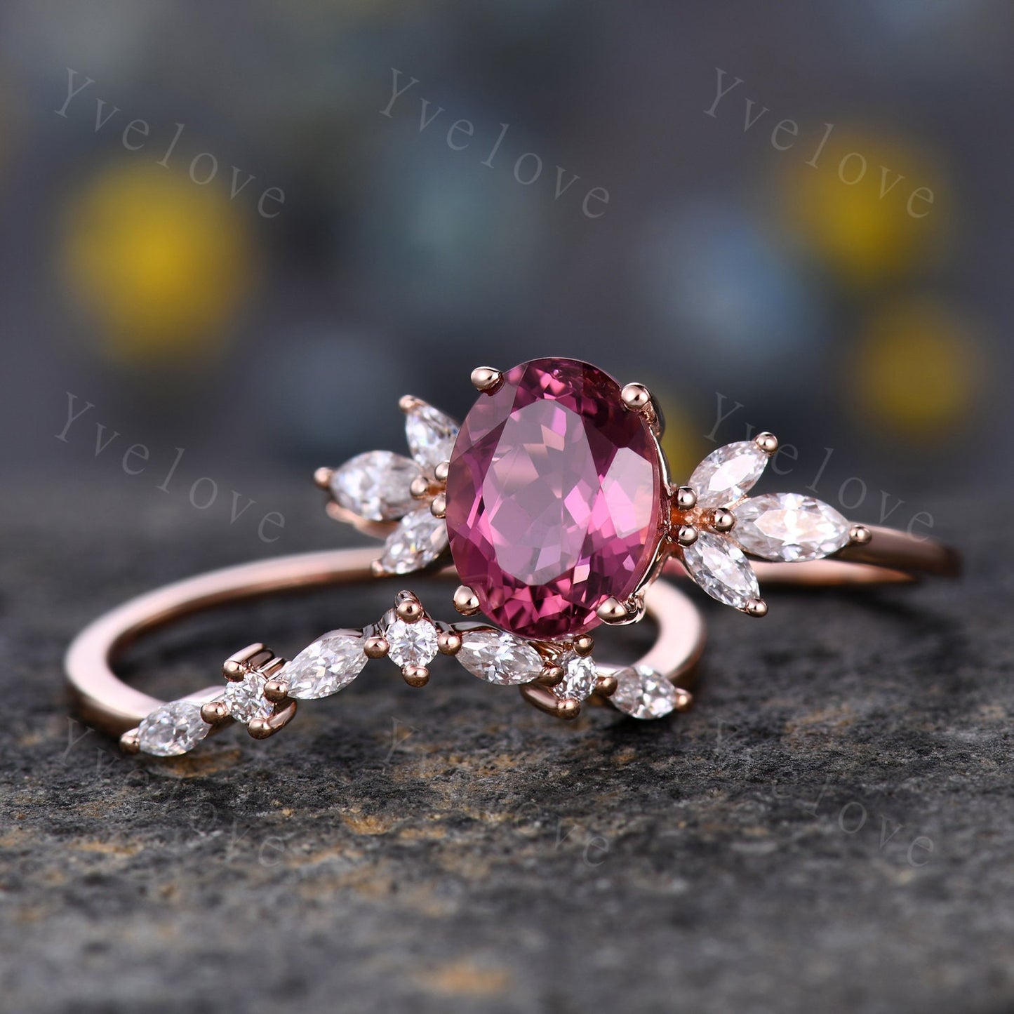 Natural Pink Tourmaline Engagement Ring,14k Rose Gold Marquise Moissanite Band,October Birthstone Ring,Art Deco Promise Anniversary Gift