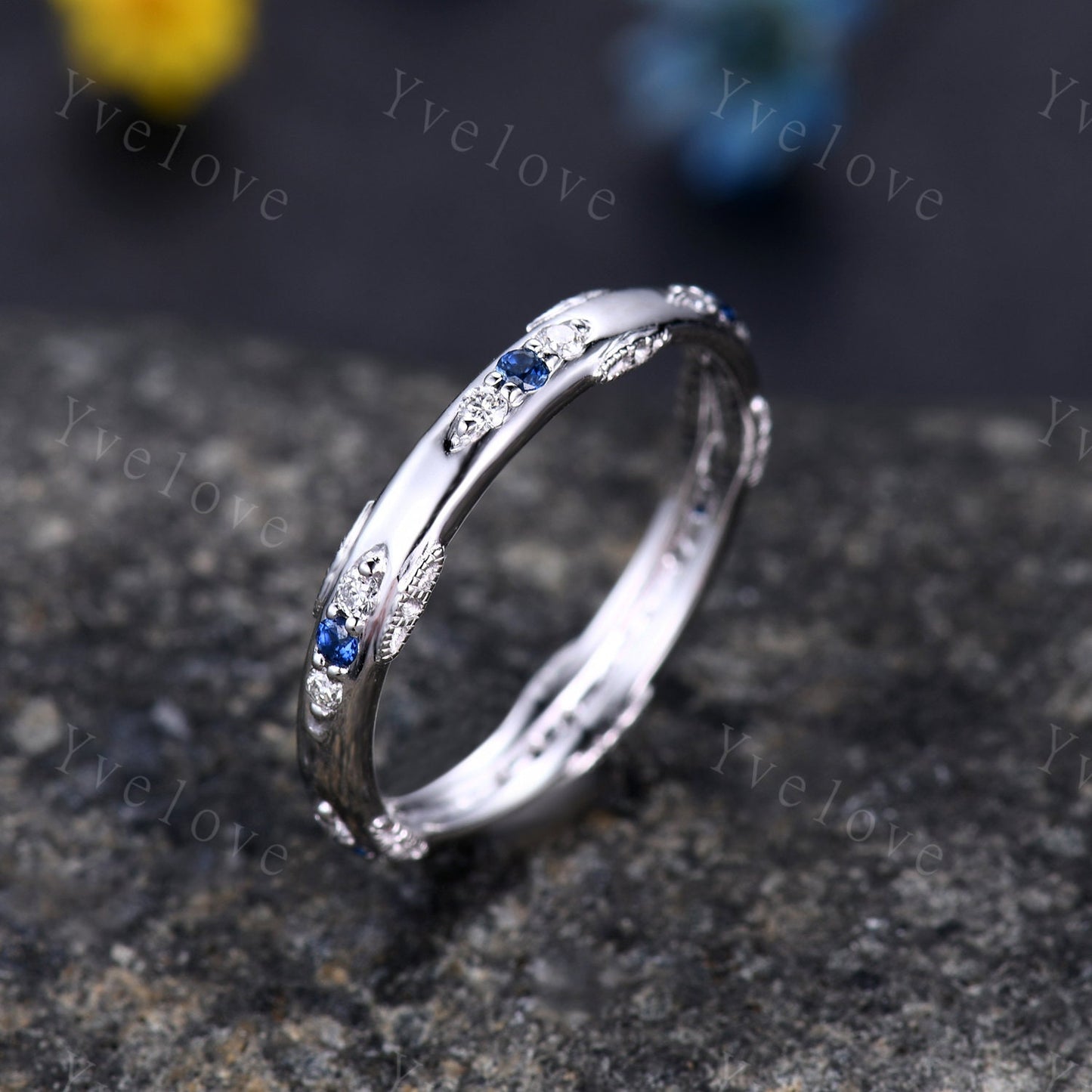 Antique Sapphire Wedding Band Eternity Blue Sapphire ring Sterling Silver September Birthstone Promise Anniversary Gift for Her Handmade