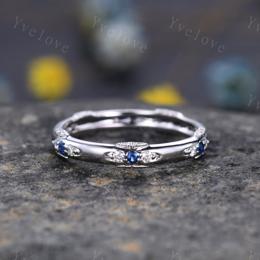 Antique Sapphire Wedding Band Eternity Blue Sapphire ring Sterling Silver September Birthstone Promise Anniversary Gift for Her Handmade