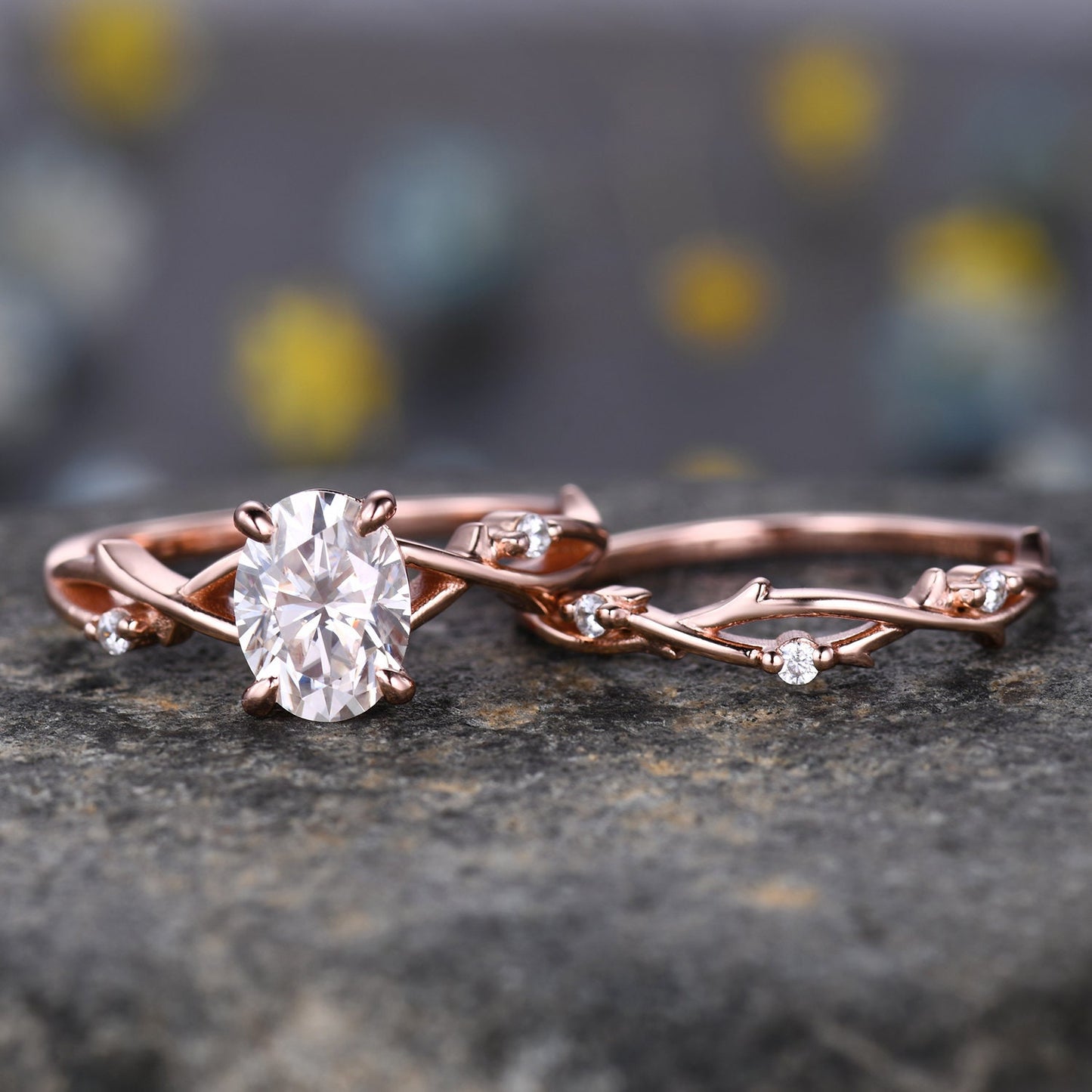 Twig Moissanite Engagement Ring Set,Oval Vintage Leaf Diamond Ring,Branch Ring Rose Gold,Twisted Ring Promise Bridal Set,Dainty Ring Set