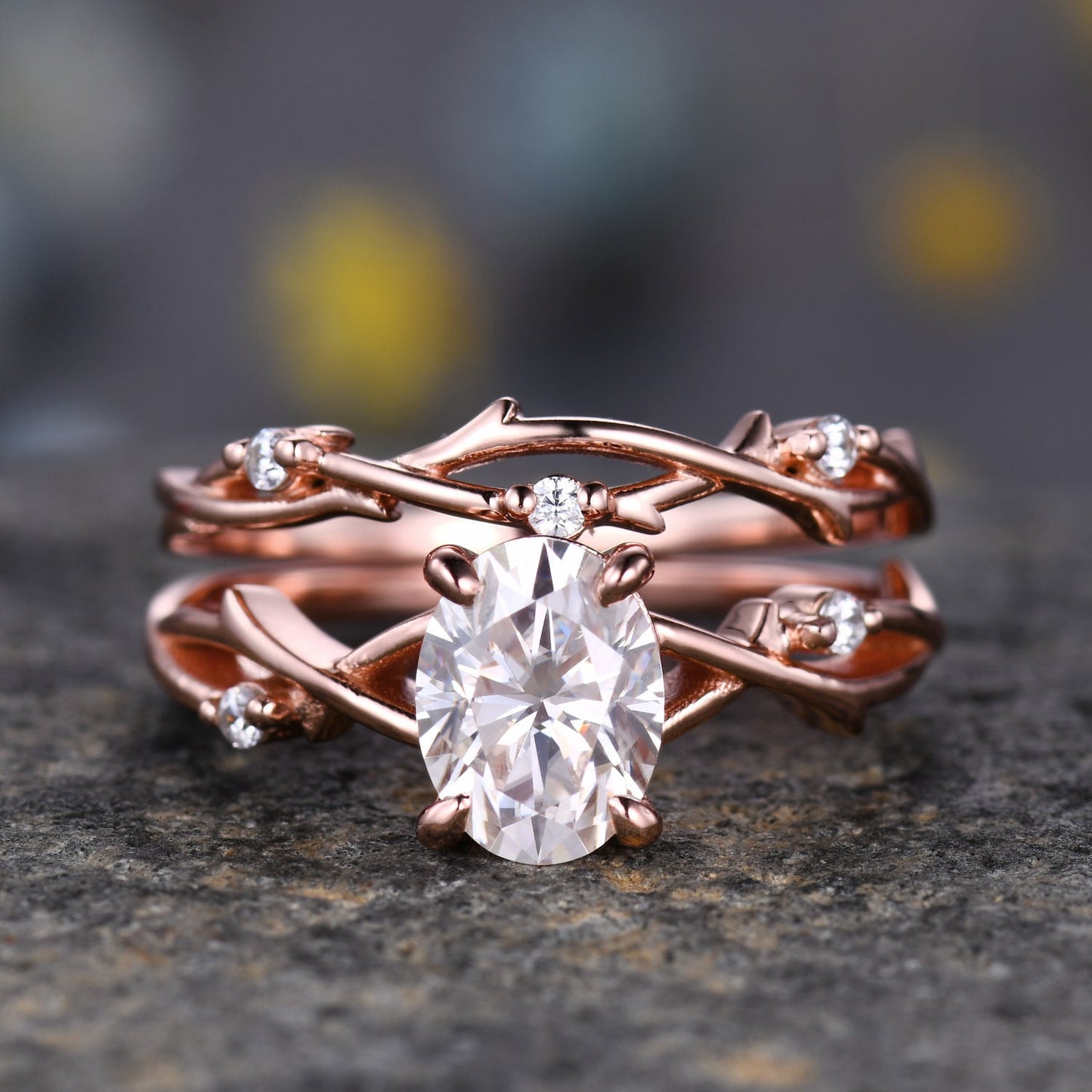 Twig Moissanite Engagement Ring Set,Oval Vintage Leaf Diamond Ring,Branch Ring Rose Gold,Twisted Ring Promise Bridal Set,Dainty Ring Set