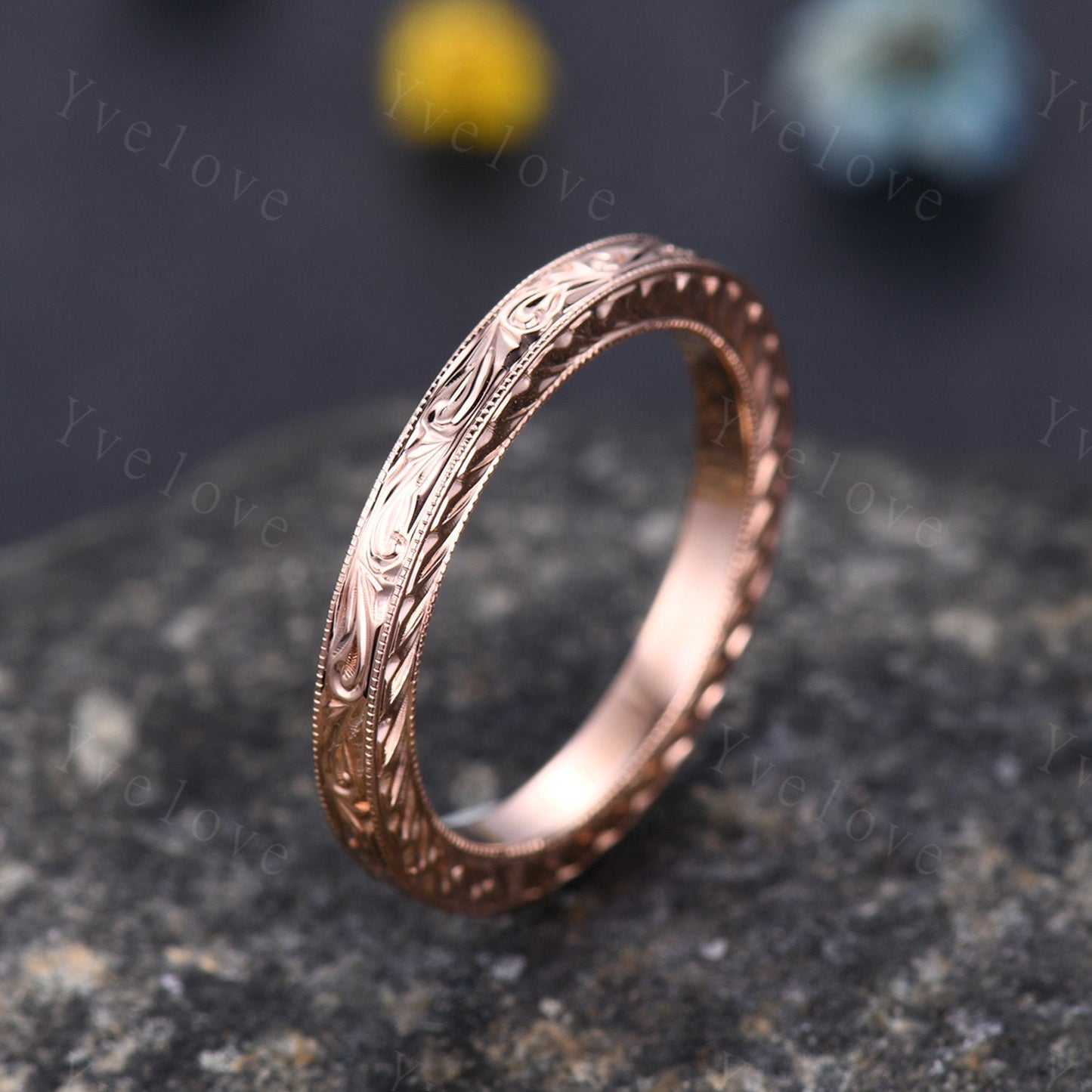 Full Eternity Floral Design,Plain Gold Ring,14k yellow gold,Filigree Milgrain Edge,Wedding Ring,Wedding Band,Anniversary Ring,Retro Vintage