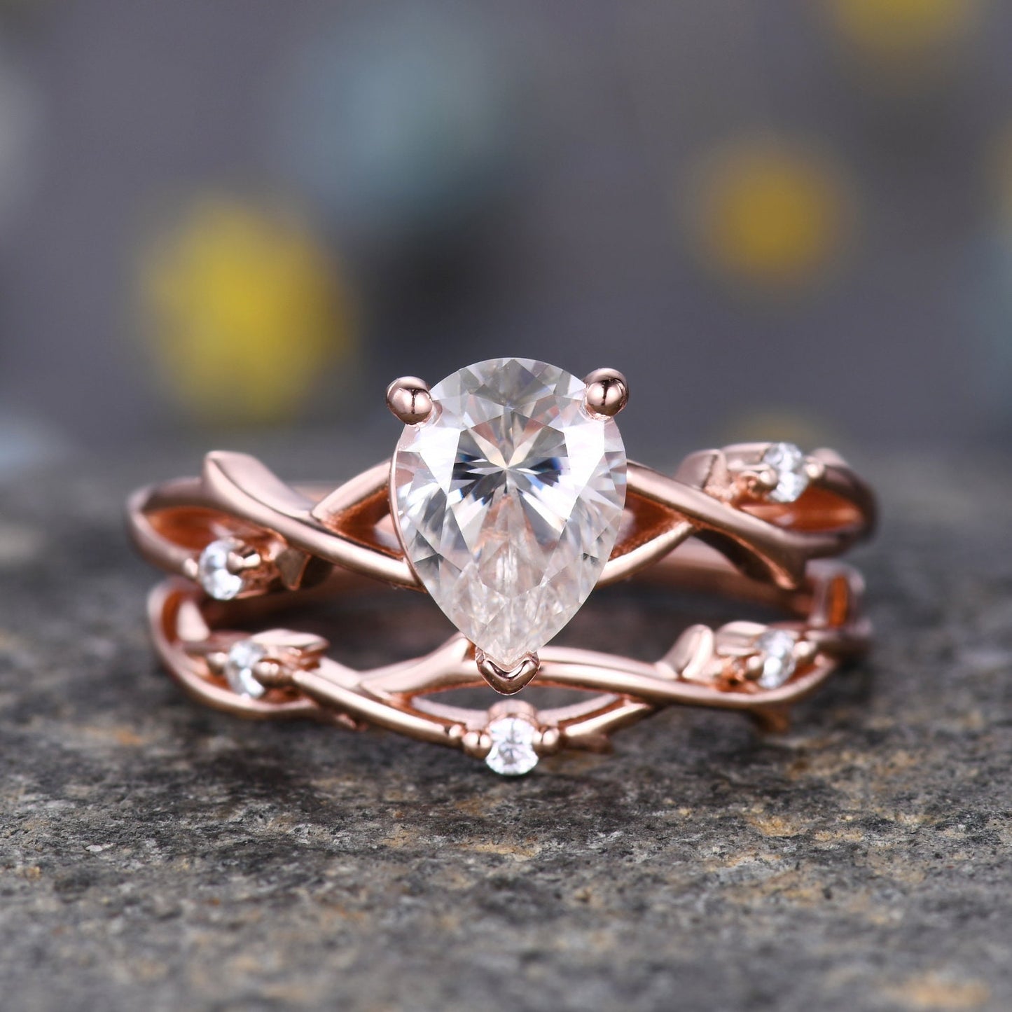 1.25CT Pear Moissanite Wedding Ring,Dainty Moissanite Engagement Ring,Teardrop Moissanite Ring,Vintage Twig Diamond Ring,Leaf Vine Ring Gift