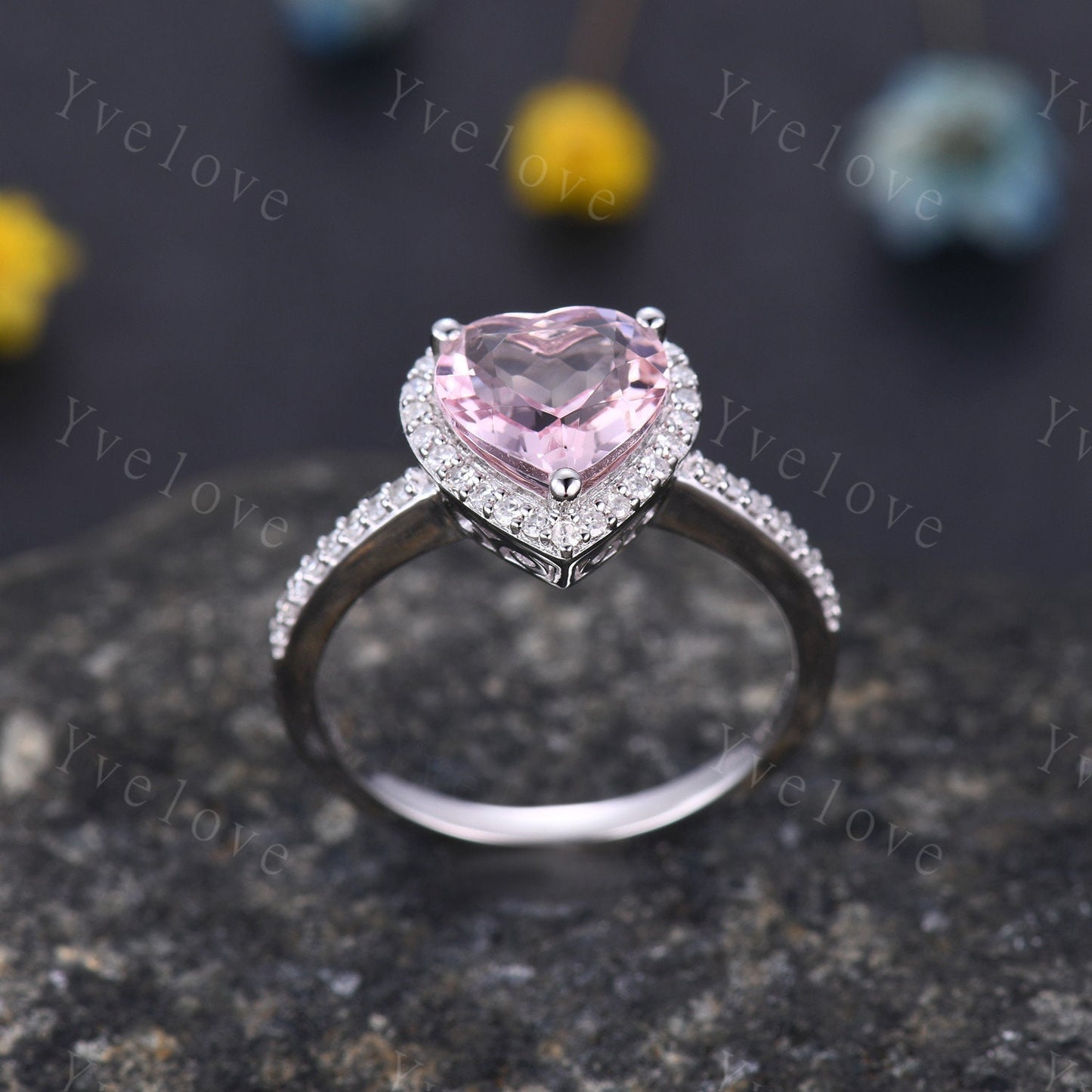 8mm Heart Shape Morganite Engagement Ring Pink Morganite Ring  Natural Gemstone Ring Diamond Ring Diamond Wedding Band Solid 14k White Gold