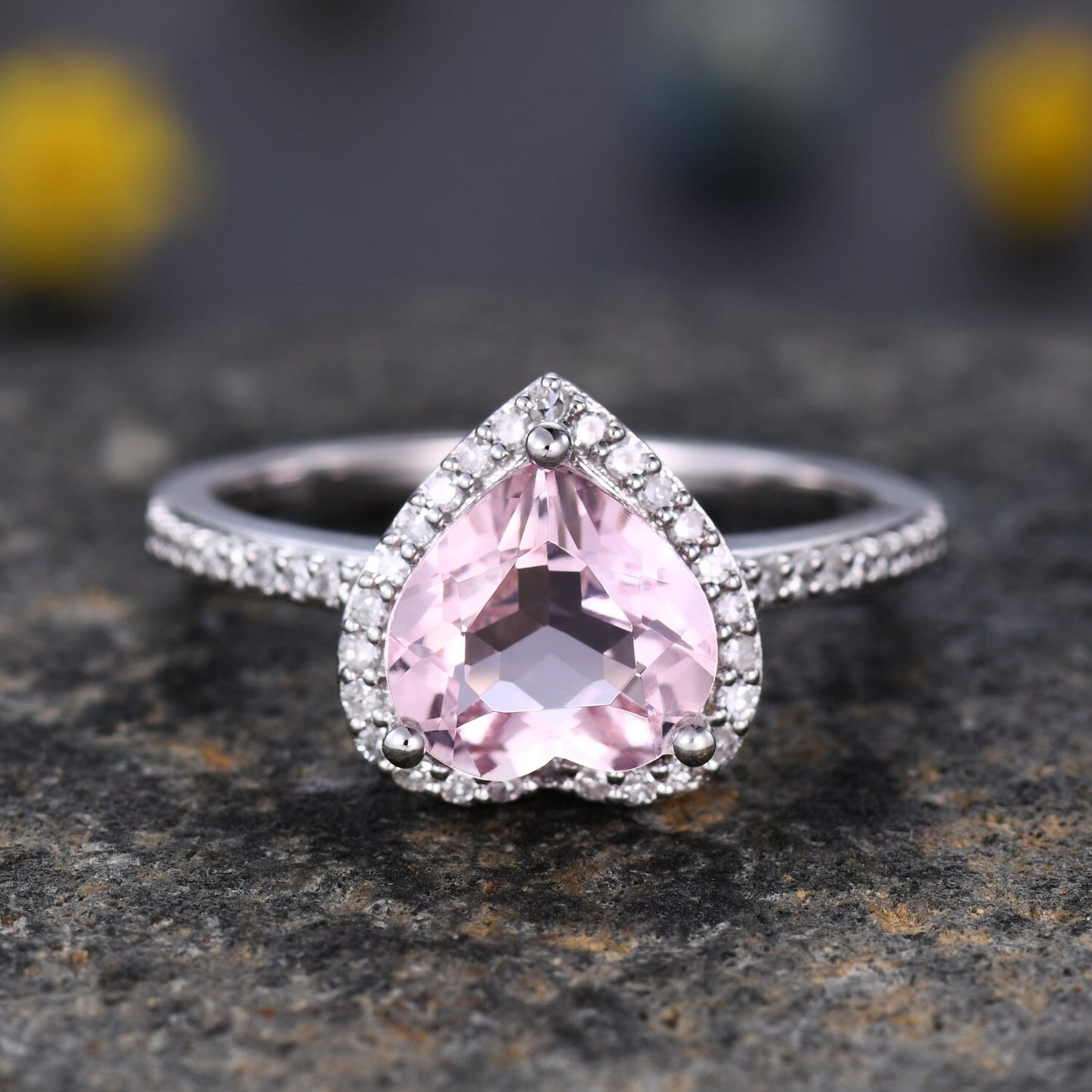 8mm Heart Shape Morganite Engagement Ring Pink Morganite Ring  Natural Gemstone Ring Diamond Ring Diamond Wedding Band Solid 14k White Gold