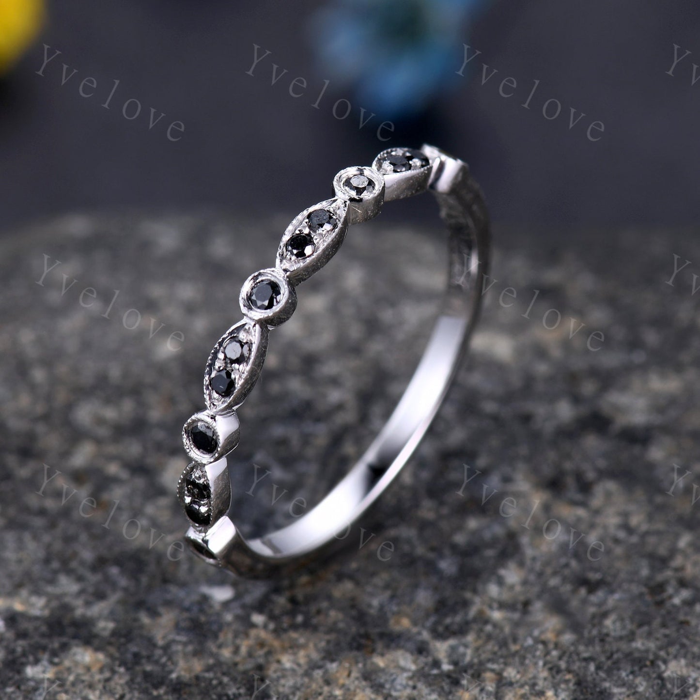 Black diamond wedding band 14k white gold natural diamond wedding ring art deco half eternity ring stacking matching band promise ring gift