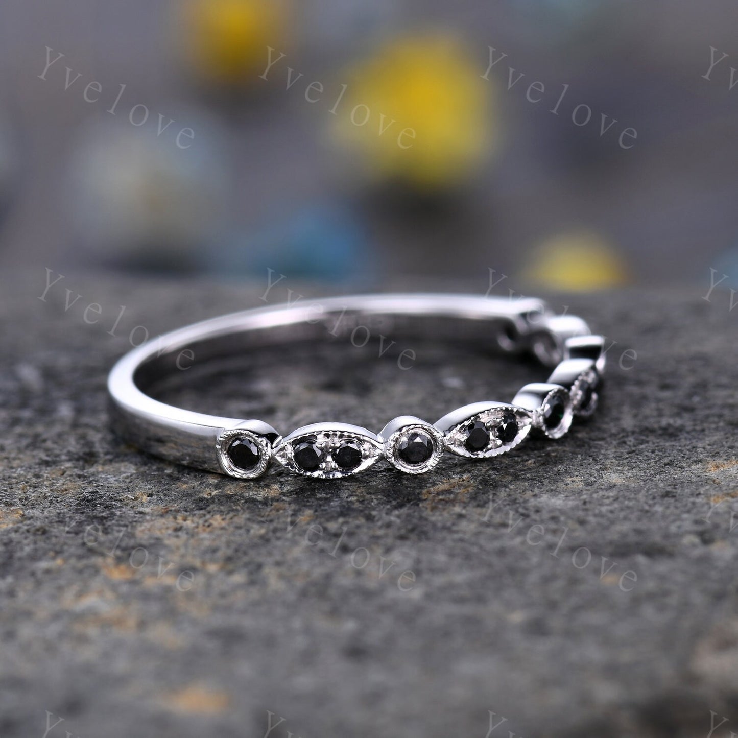Black diamond wedding band 14k white gold natural diamond wedding ring art deco half eternity ring stacking matching band promise ring gift