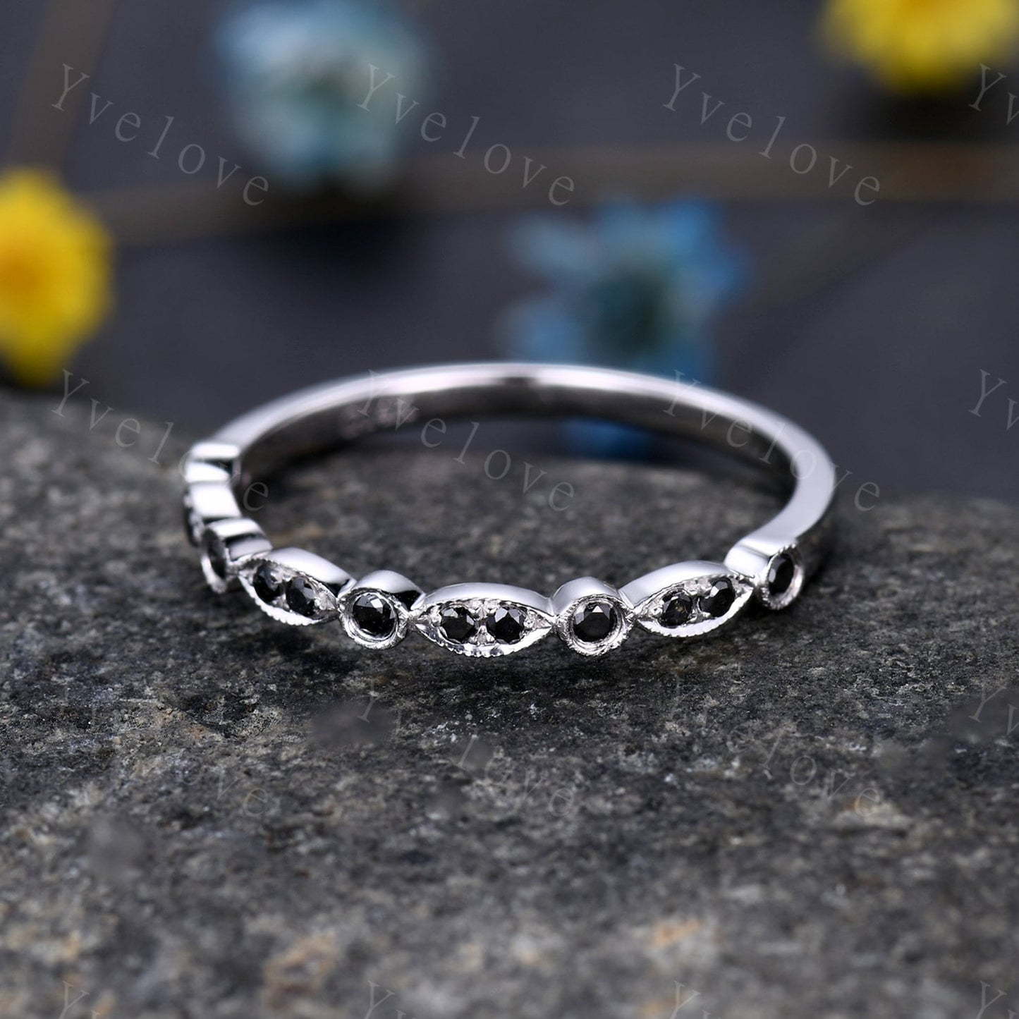 Black diamond wedding band 14k white gold natural diamond wedding ring art deco half eternity ring stacking matching band promise ring gift