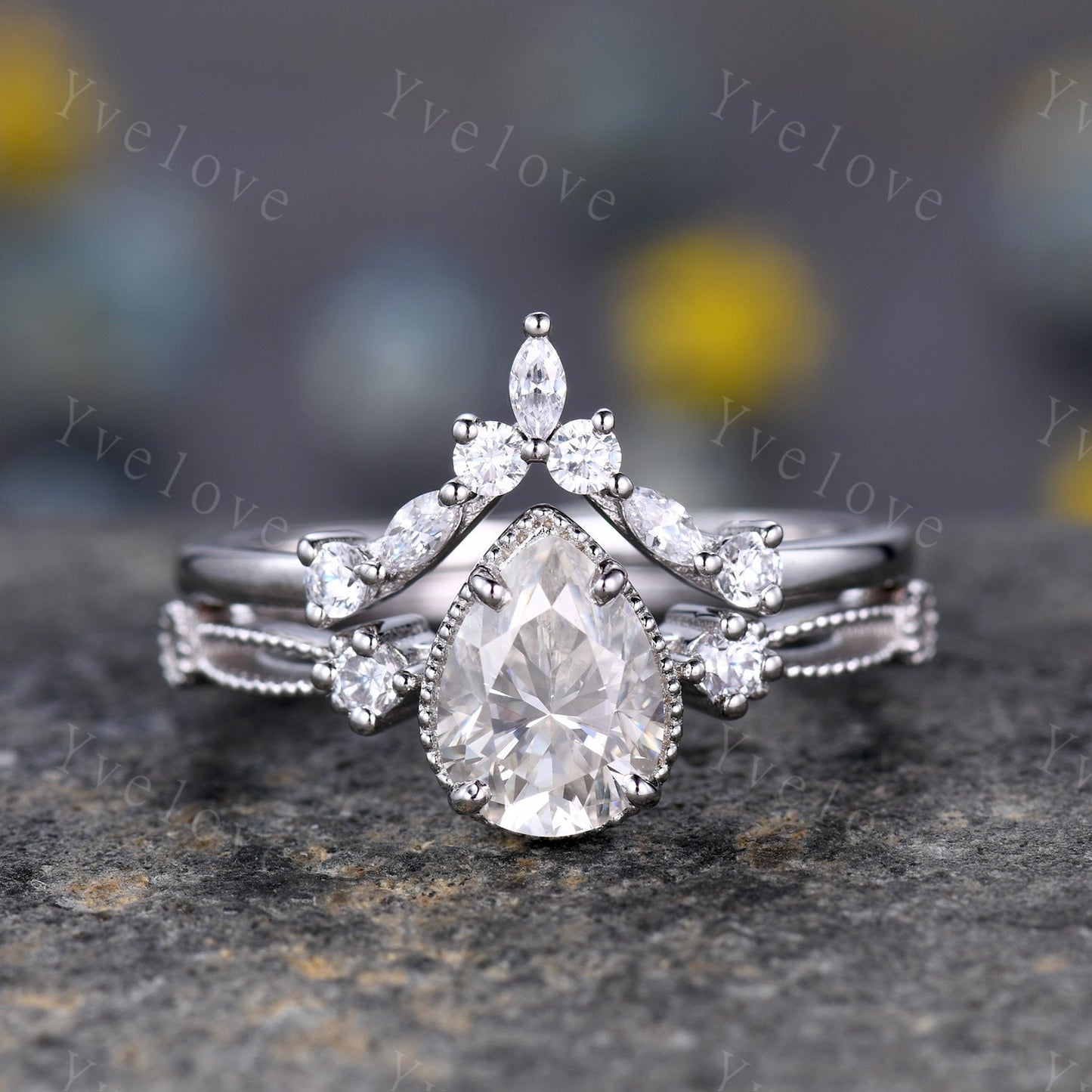 Pear moissanite engagement ring set white gold vintage engagement ring unique cluster marquise diamond wedding anniversary women ring set