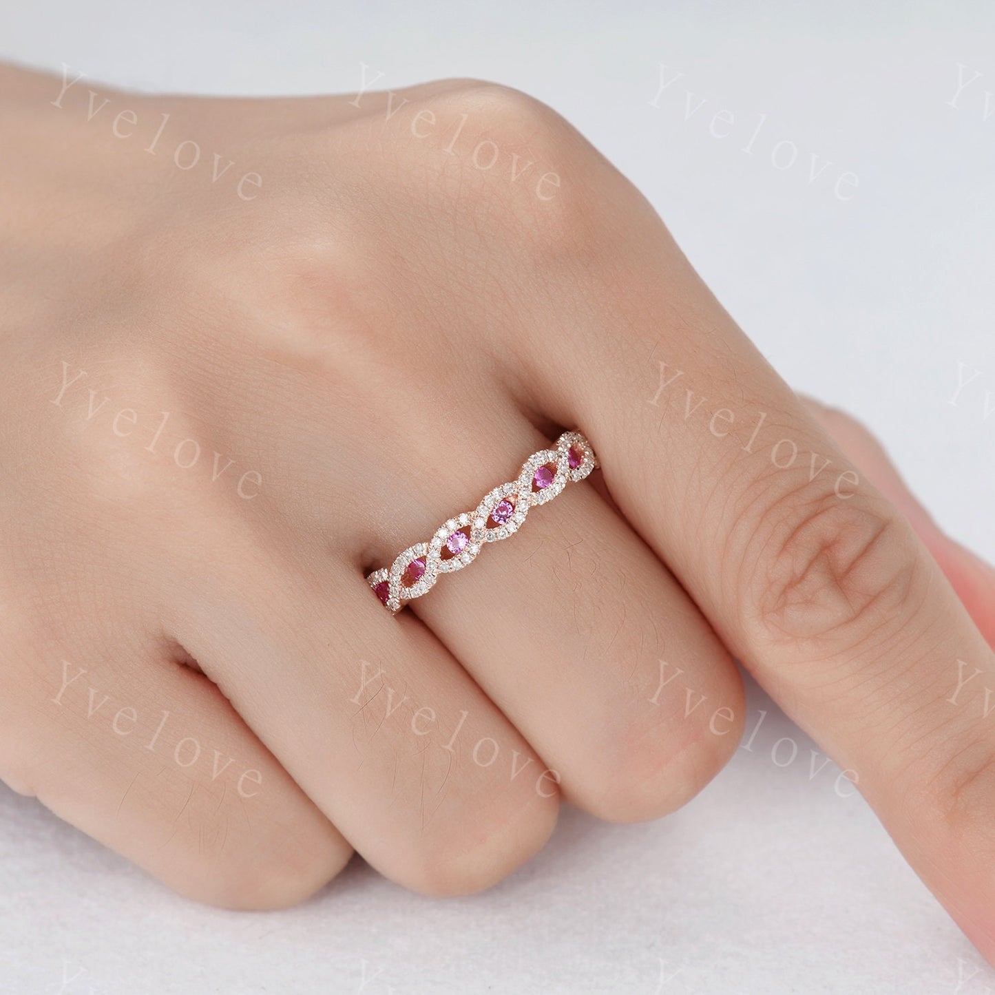 Pink sapphire wedding ring,vintage moissanite engagement band,unique wedding band, stacking band rose gold band,birthstone rings,customized