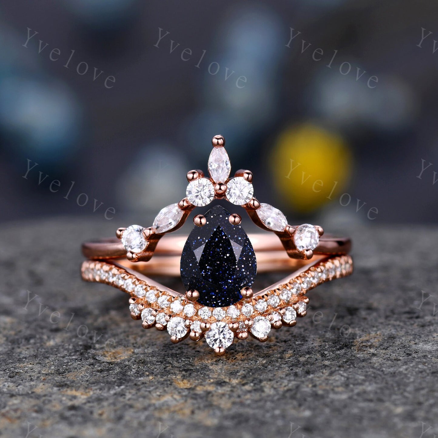 Pear Blue Sandstone Engagement Ring Set Elegant Wedding Ring Marquise stack wedding band Unique Vintage Bridal Set Anniversary Gift Silver
