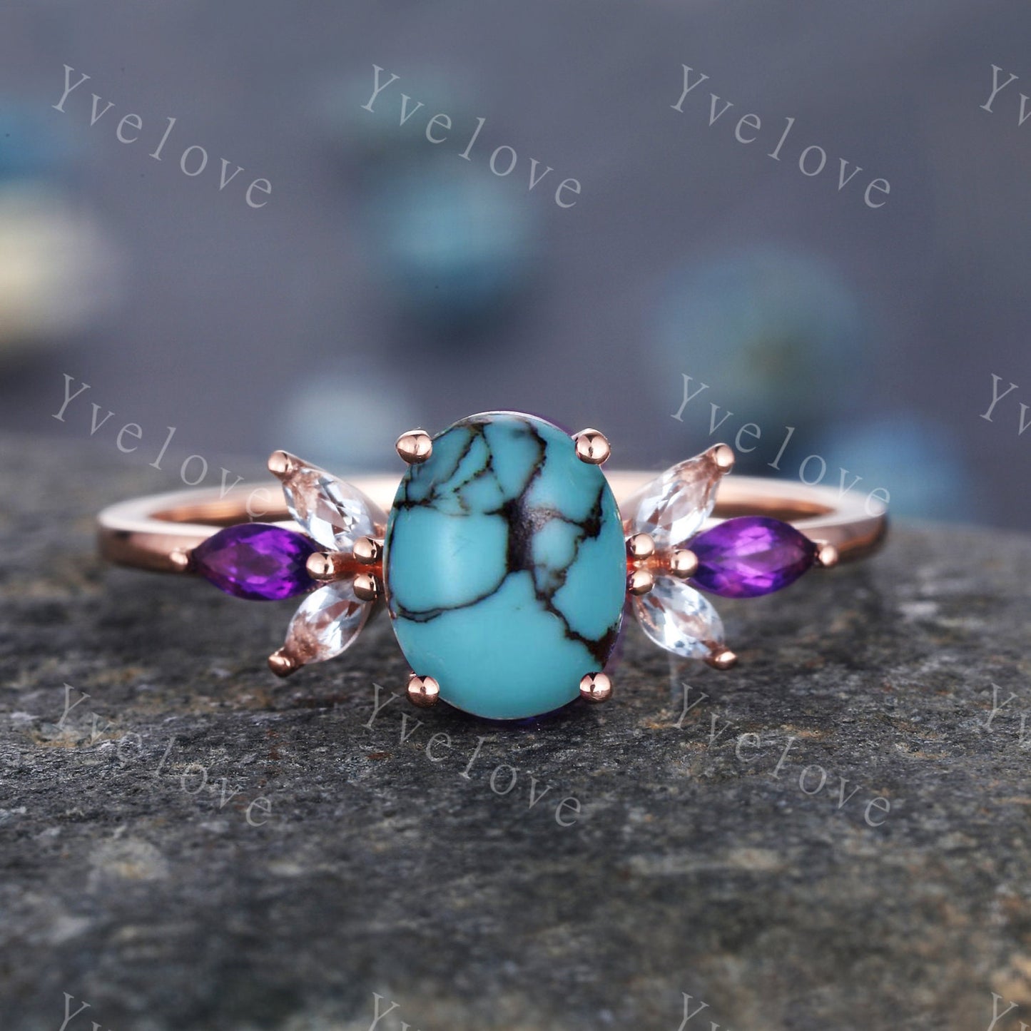 Vintage Oval Turquoise Engagement Ring Set Rose Gold Women Moissanite Amethyst Gem Matching Band December birthstone Valentines day gift