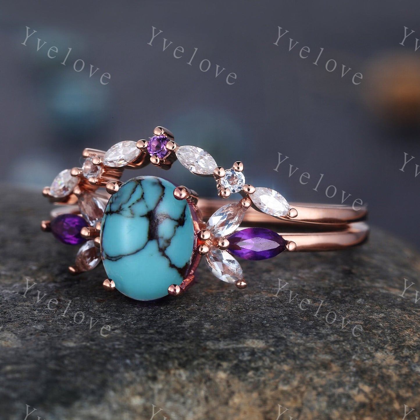 Vintage Oval Turquoise Engagement Ring Set Rose Gold Women Moissanite Amethyst Gem Matching Band December birthstone Valentines day gift