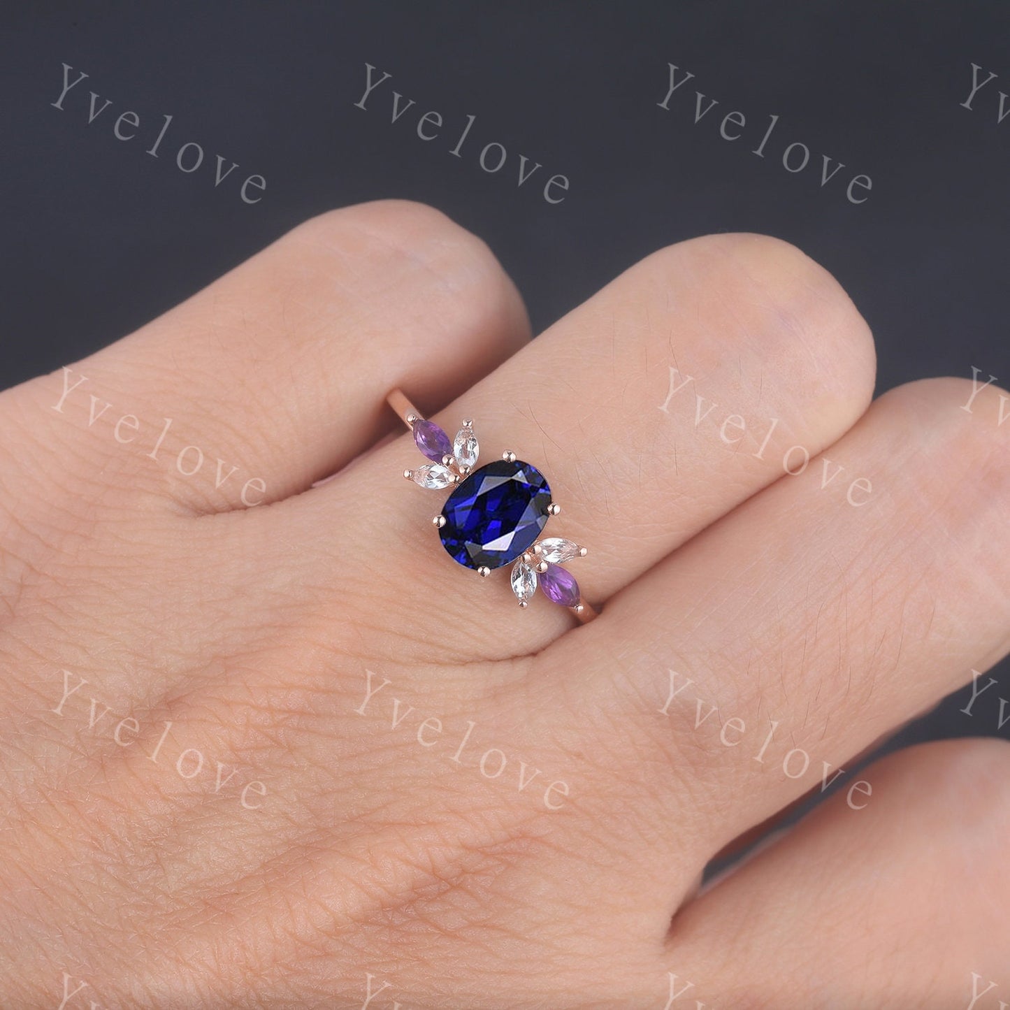 Vintage Sapphire Engagement Ring Set Rose Gold Women Moissanite Amethyst Gem Matching Band Promise Bridal Stacking Ring Set Gift for her