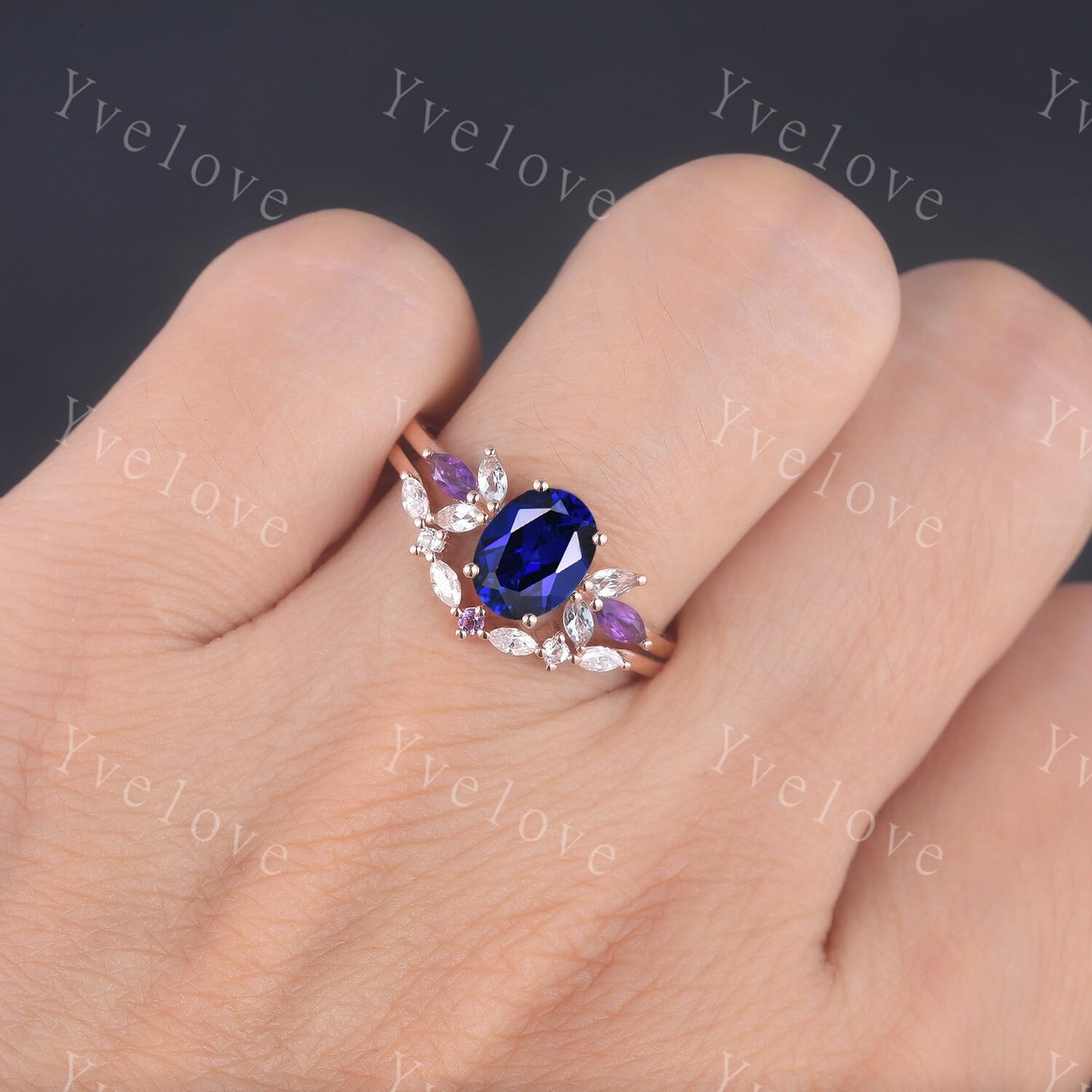 Vintage Sapphire Engagement Ring Set Rose Gold Women Moissanite Amethyst Gem Matching Band Promise Bridal Stacking Ring Set Gift for her