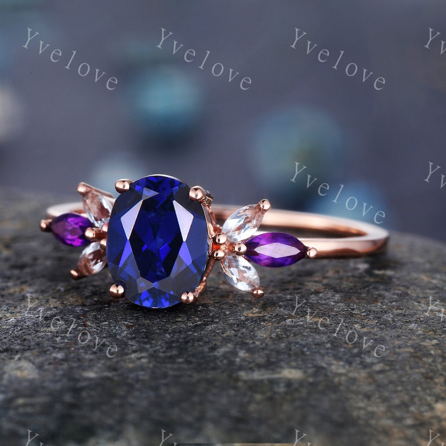Vintage Sapphire Engagement Ring Set Rose Gold Women Moissanite Amethyst Gem Matching Band Promise Bridal Stacking Ring Set Gift for her