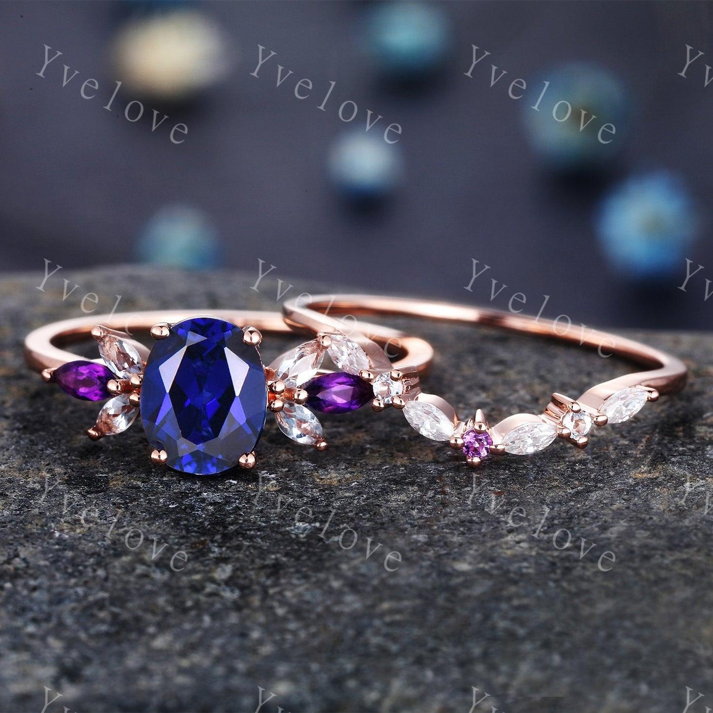 Vintage Sapphire Engagement Ring Set Rose Gold Women Moissanite Amethyst Gem Matching Band Promise Bridal Stacking Ring Set Gift for her