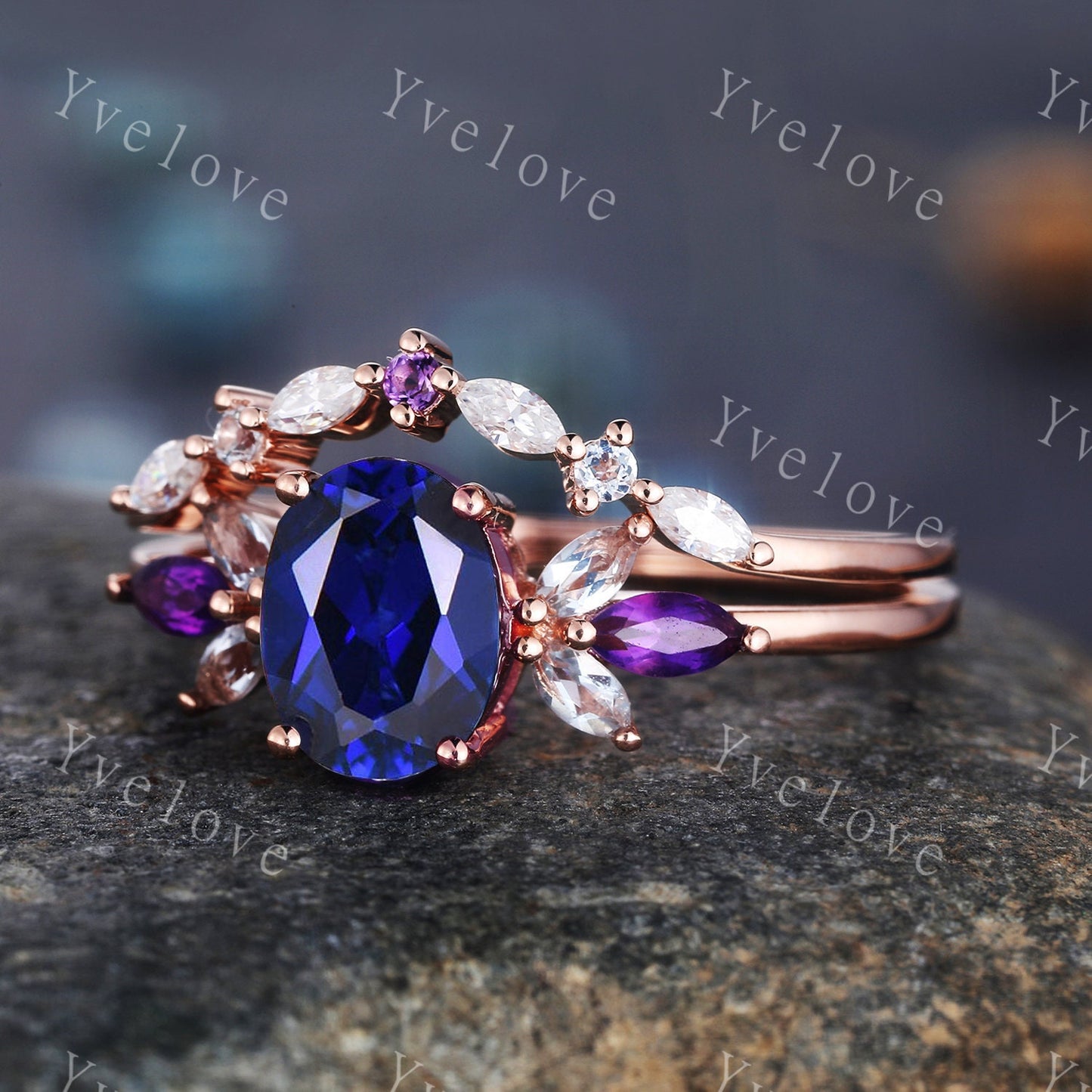 Vintage Sapphire Engagement Ring Set Rose Gold Women Moissanite Amethyst Gem Matching Band Promise Bridal Stacking Ring Set Gift for her