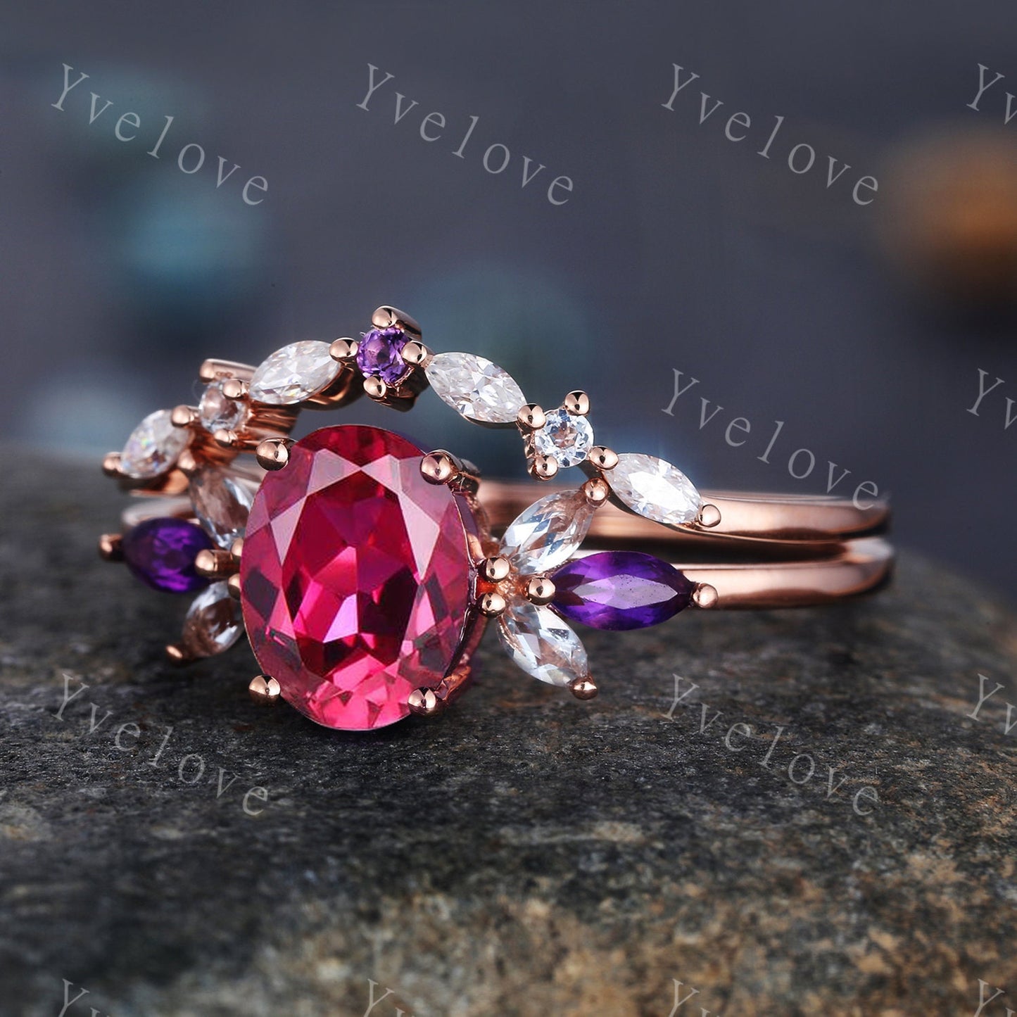 Vintage Ruby Engagement Ring 14k Rose Gold Women Moissanite Amethyst Gem Matching Band Promise Bridal Stacking Ring Set July Gift for her