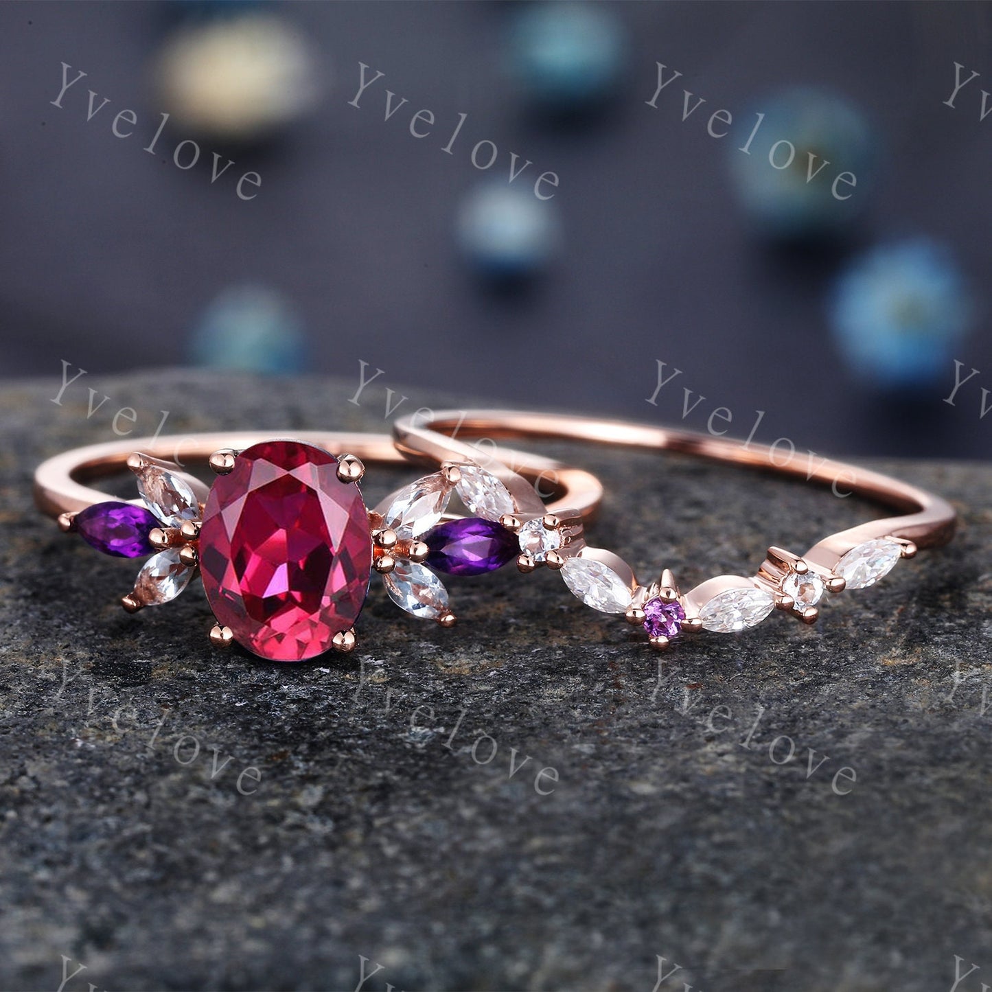 Vintage Ruby Engagement Ring 14k Rose Gold Women Moissanite Amethyst Gem Matching Band Promise Bridal Stacking Ring Set July Gift for her