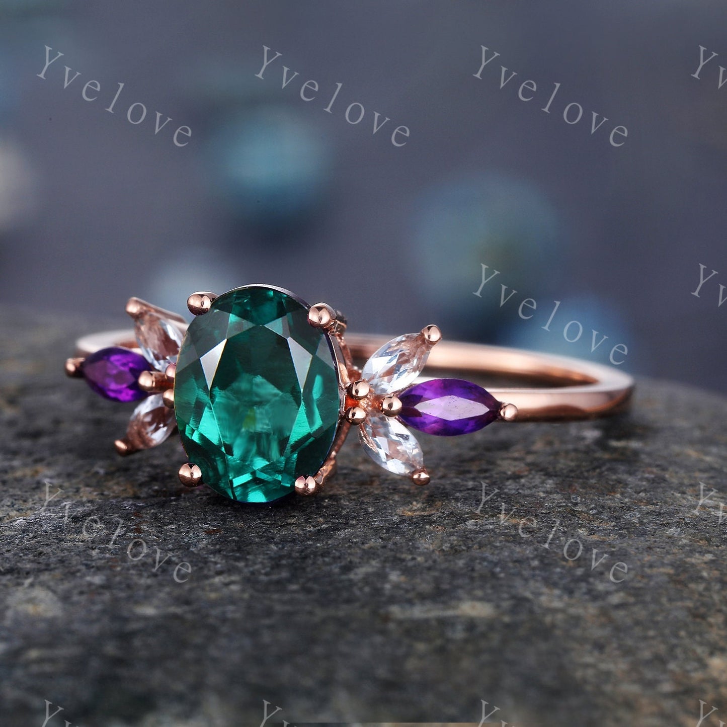 Vintage Emerald Engagement Ring Set 14k Rose Gold Women Moissanite Amethyst Gem Matching Band Promise Bridal Stacking Ring Set Gift for her