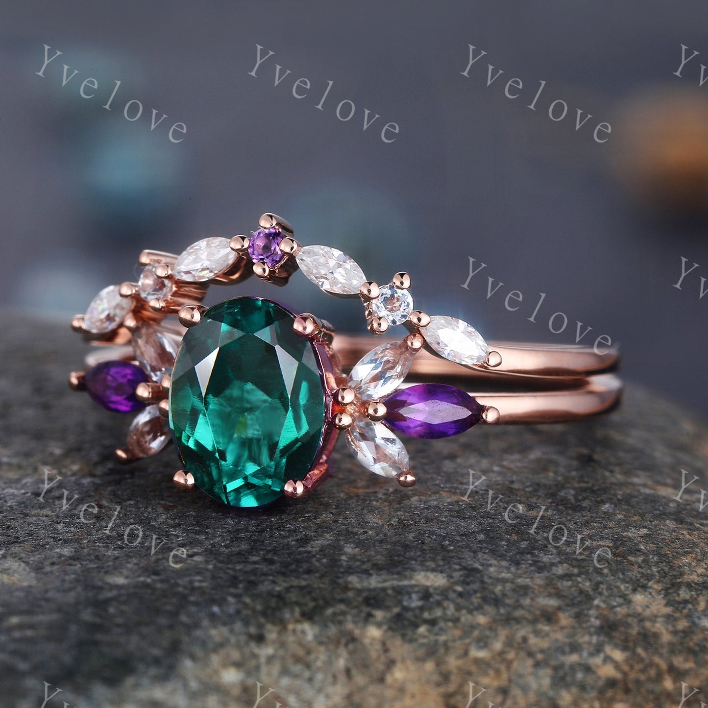 Vintage Emerald Engagement Ring Set 14k Rose Gold Women Moissanite Amethyst Gem Matching Band Promise Bridal Stacking Ring Set Gift for her