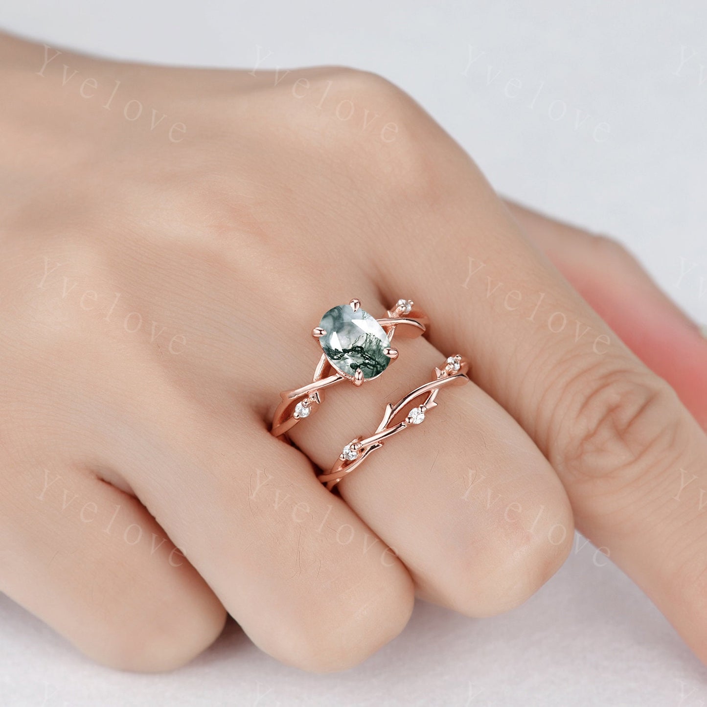 Twig Moss Agate Engagement Ring Set,Oval Vintage Leaf Diamond Ring,White Gold Branch Ring,Twisted Ring Promise Bridal Set,Dainty Ring Set