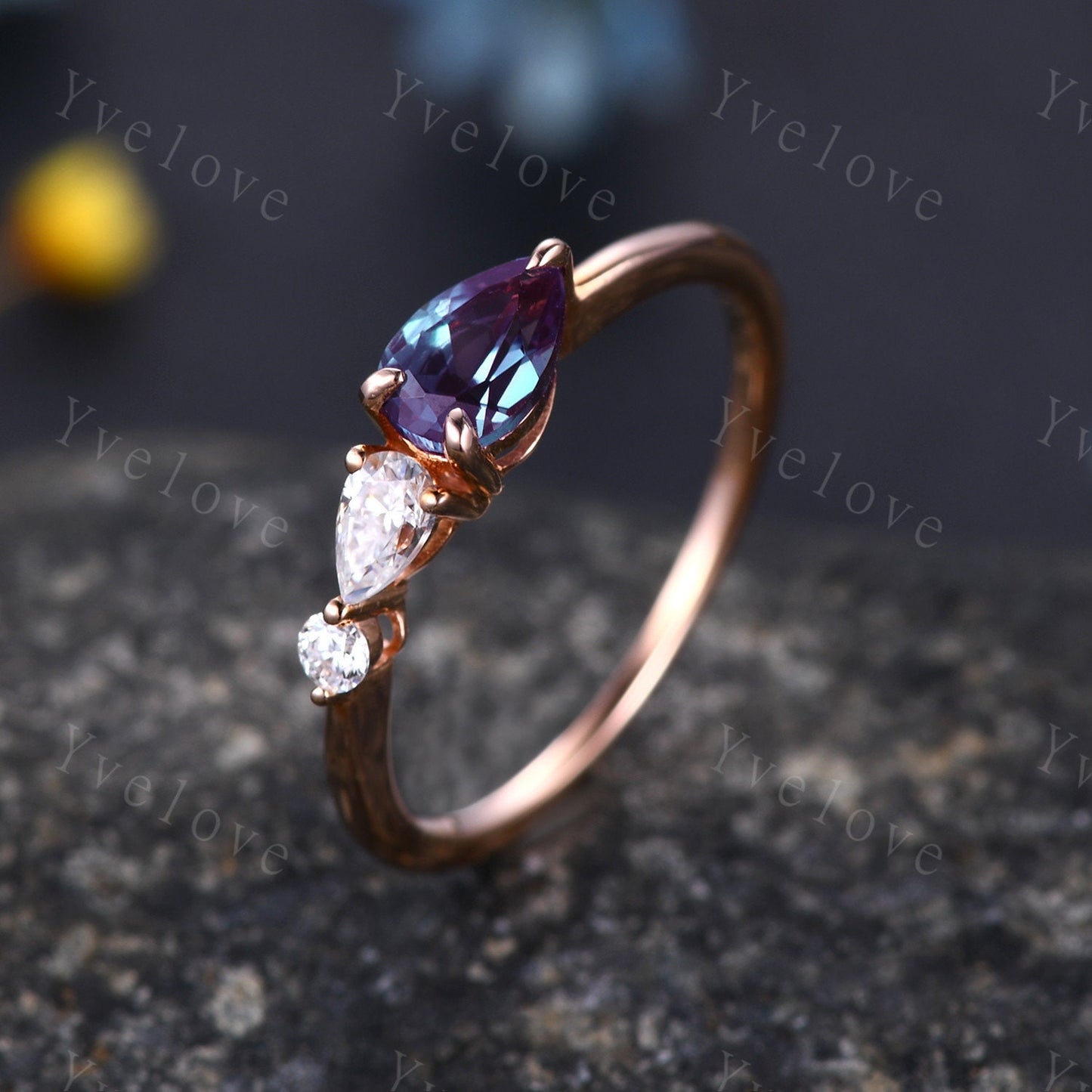 Vintage Alexandrite Engagement Ring,Pear Cut Gems,Art Deco Moissanite Wedding Band,3 Stone Unique Women Bridal Promise Ring,Yellow Gold Ring