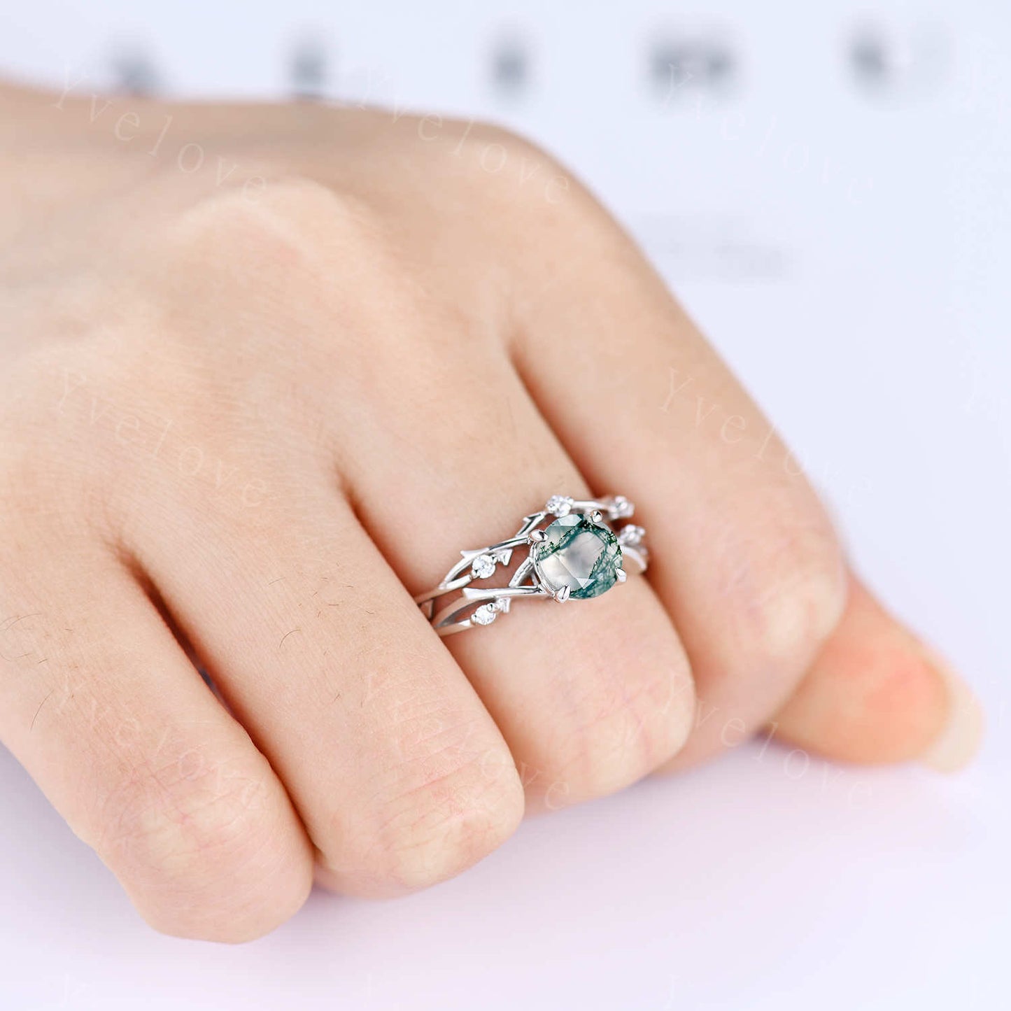 Unique Twig Moss Agate Engagement Ring Set,Vintage Leaf Diamond Ring Set,Branch Ring,White Gold,Twisted Ring Promise Bridal Set,Green Agate