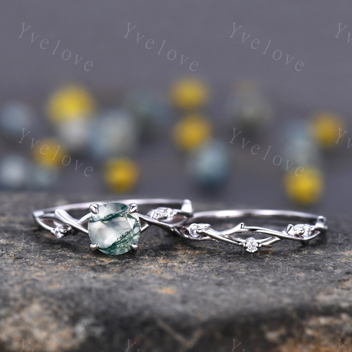 Unique Twig Moss Agate Engagement Ring Set,Vintage Leaf Diamond Ring Set,Branch Ring,White Gold,Twisted Ring Promise Bridal Set,Green Agate