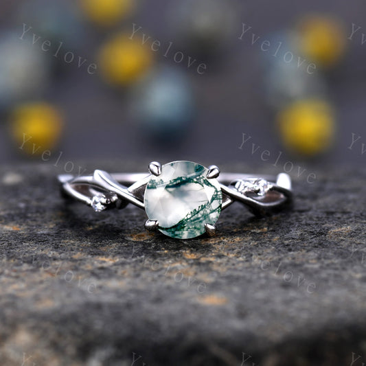 Unique Moss Agate Engagement Ring Set,Vintage Diamond Ring Set,Branch Ring,Sterling Sliver,Twisted Ring Promise Bridal Set,Green Agate Ring
