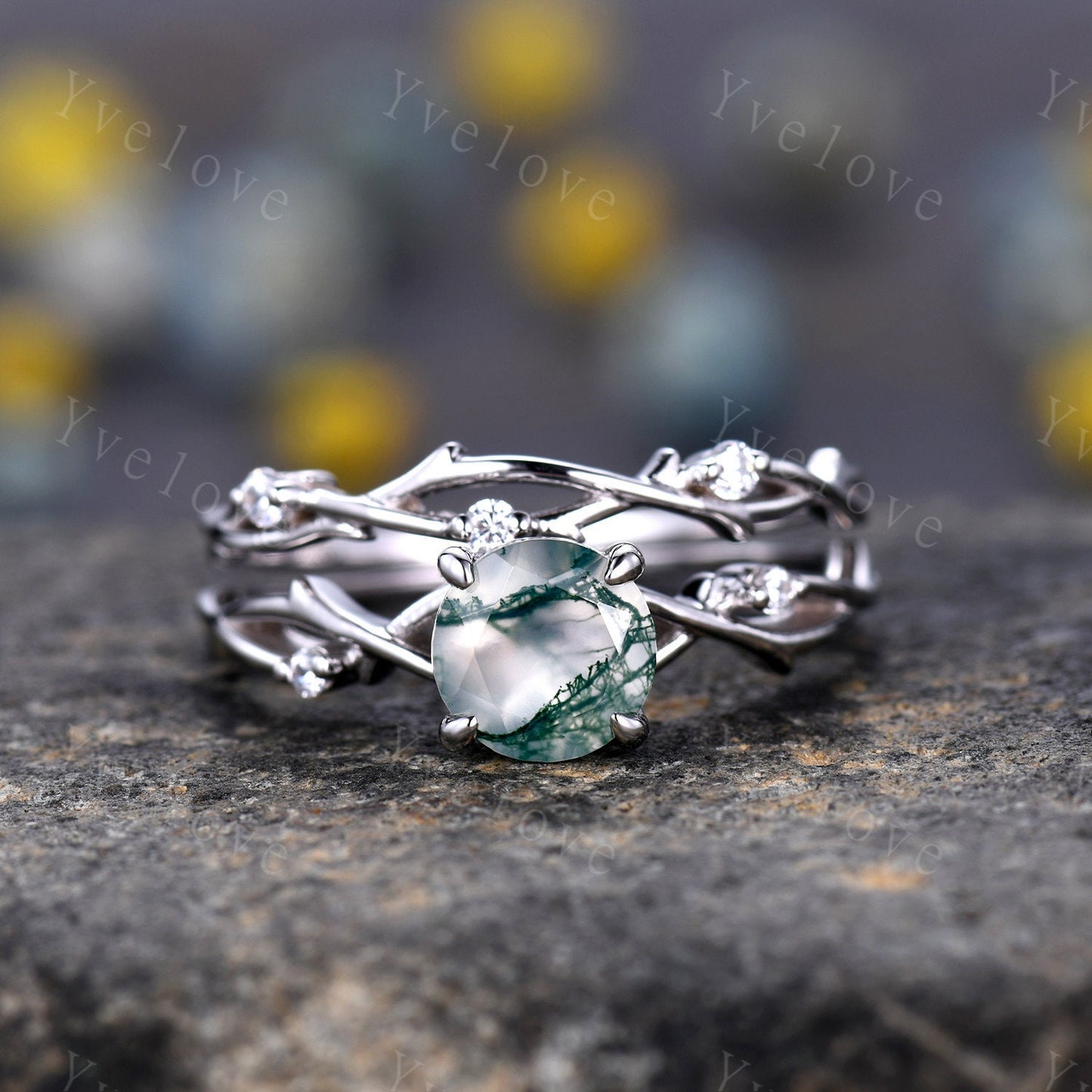 Unique Twig Moss Agate Engagement Ring Set,Vintage Leaf Diamond Ring Set,Branch Ring,White Gold,Twisted Ring Promise Bridal Set,Green Agate