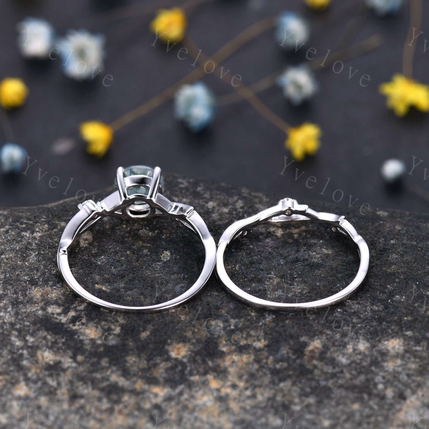 Unique Twig Moss Agate Engagement Ring Set,Vintage Leaf Diamond Ring Set,Branch Ring,White Gold,Twisted Ring Promise Bridal Set,Green Agate