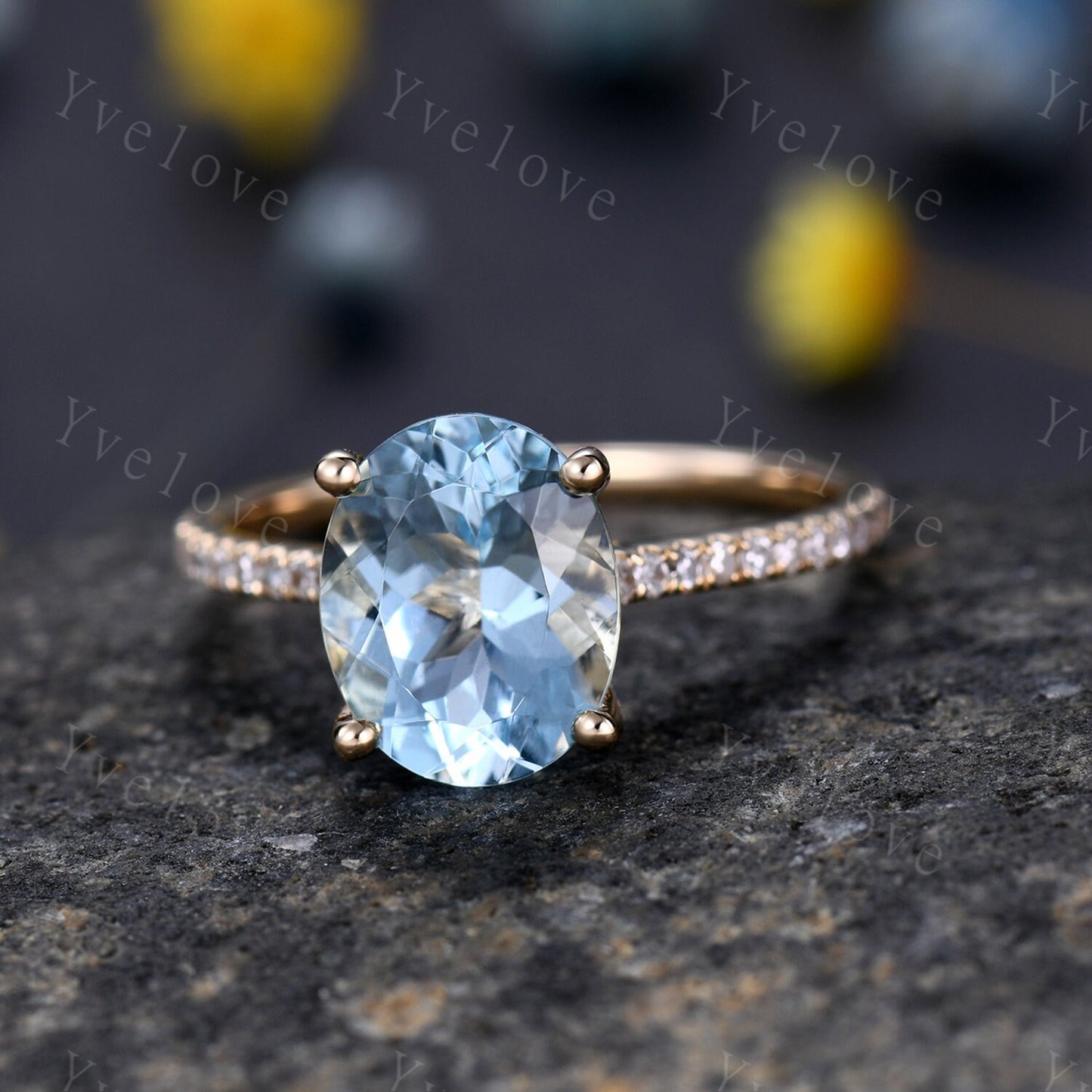 Aquamarine ring natural aquamarine engagement ring 8x10mm oval cut gemstone diamond band delicate jewelry custom ring 14k yellow gold ring